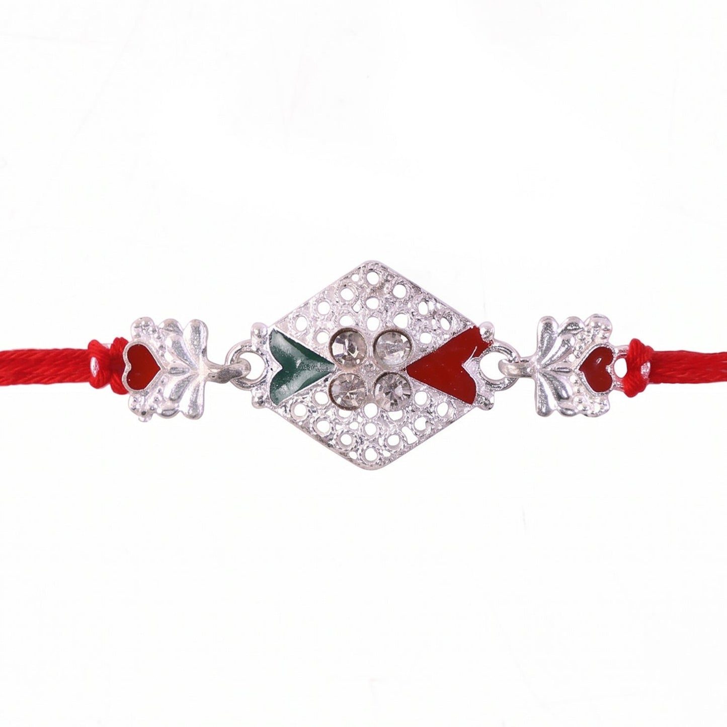 Elegant rakhi with silver charm and decorative beads