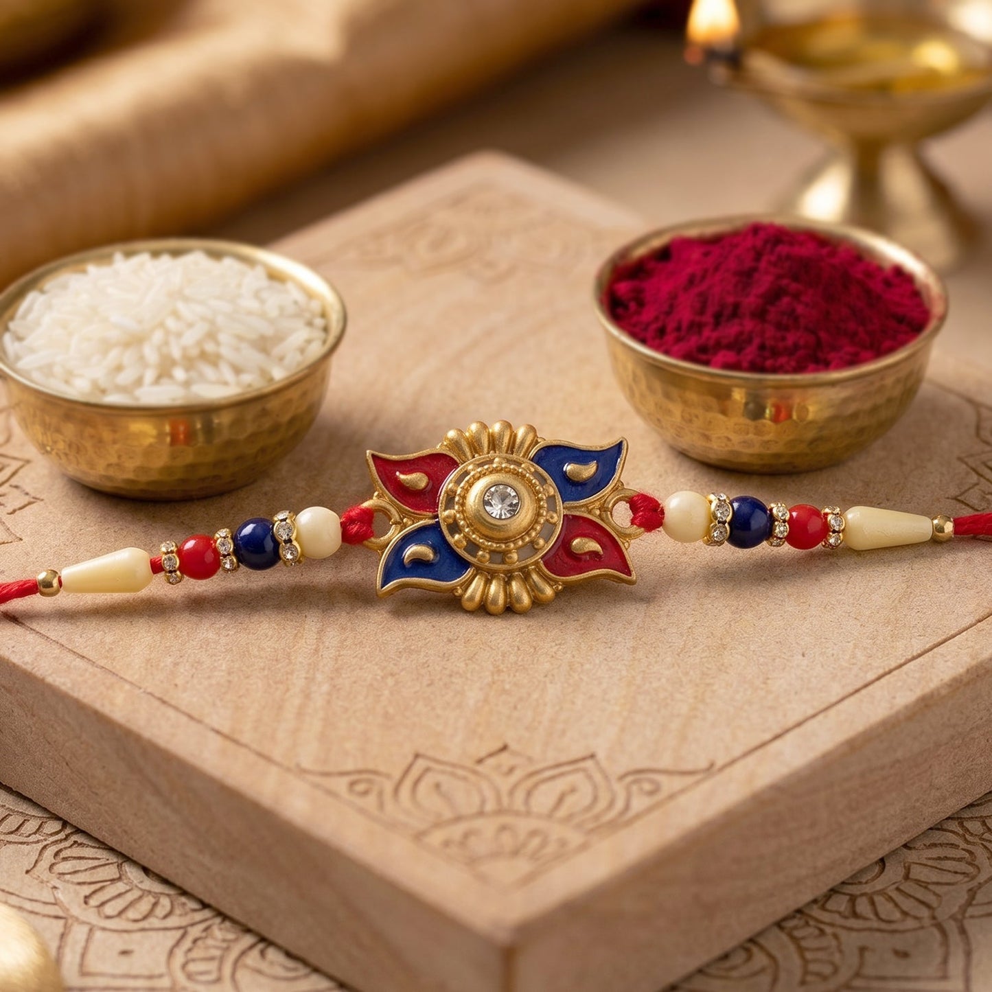 Close-up of the intricate bead and pearl work on the Gold Sunburst Rakhi.