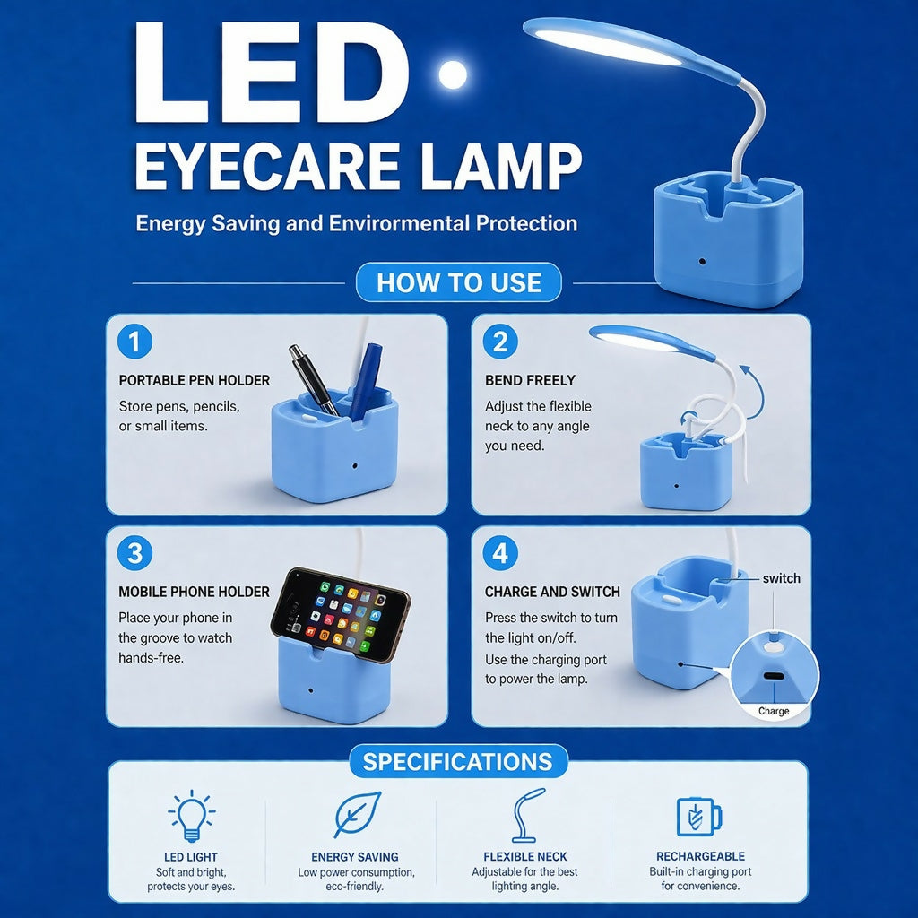 Blue LED Desk Lamp with Mobile Stand & Pen Holder, Flexible Study Light
