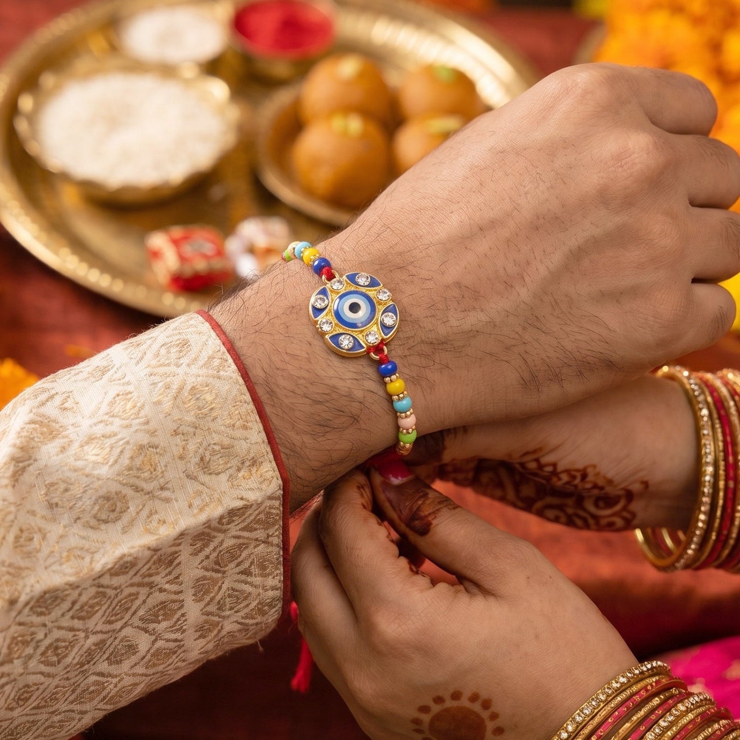 Close-up of floral petal centerpiece on Evil Eye Rakhi