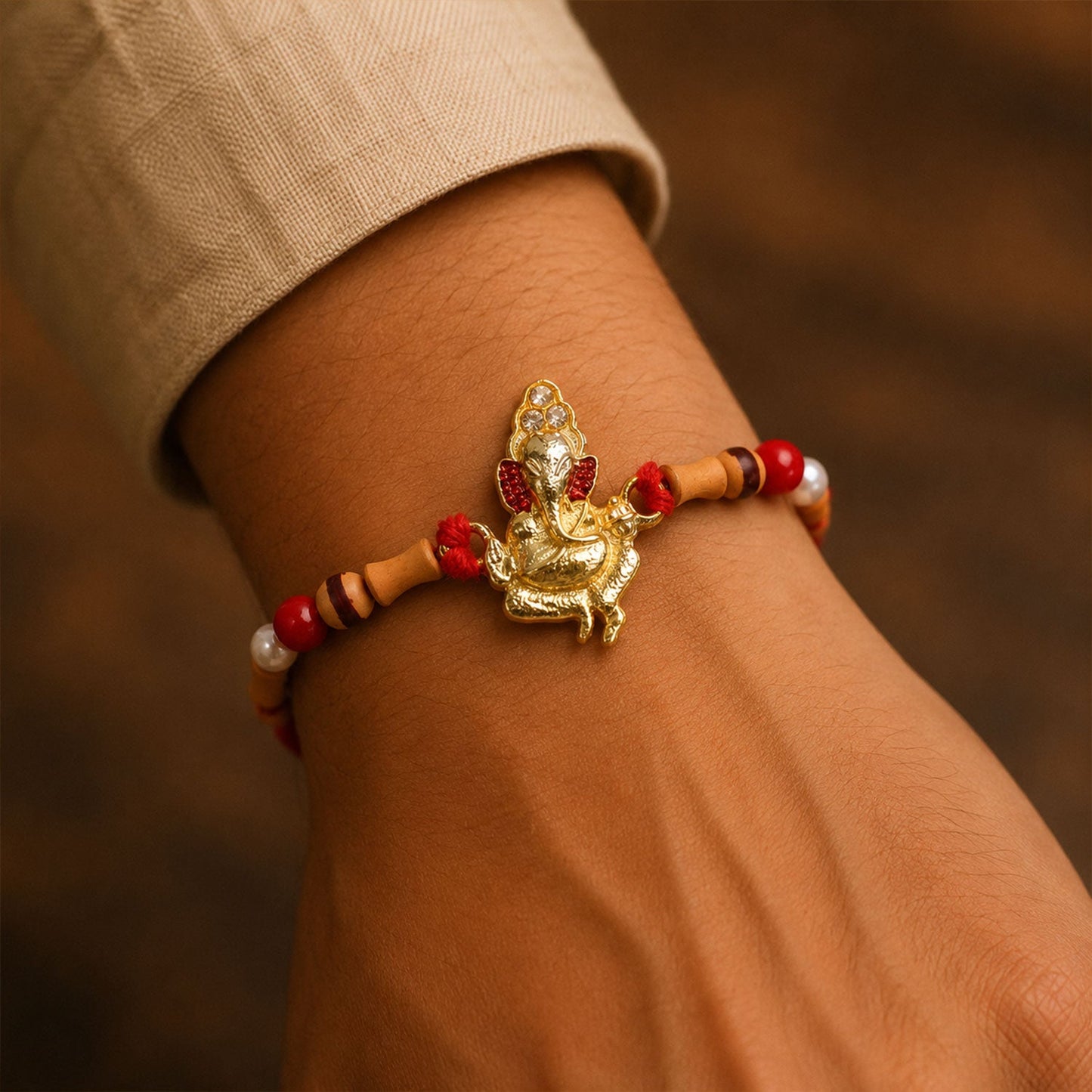 Decorative beads and pearl accents on Gold Ganesh Rakhi