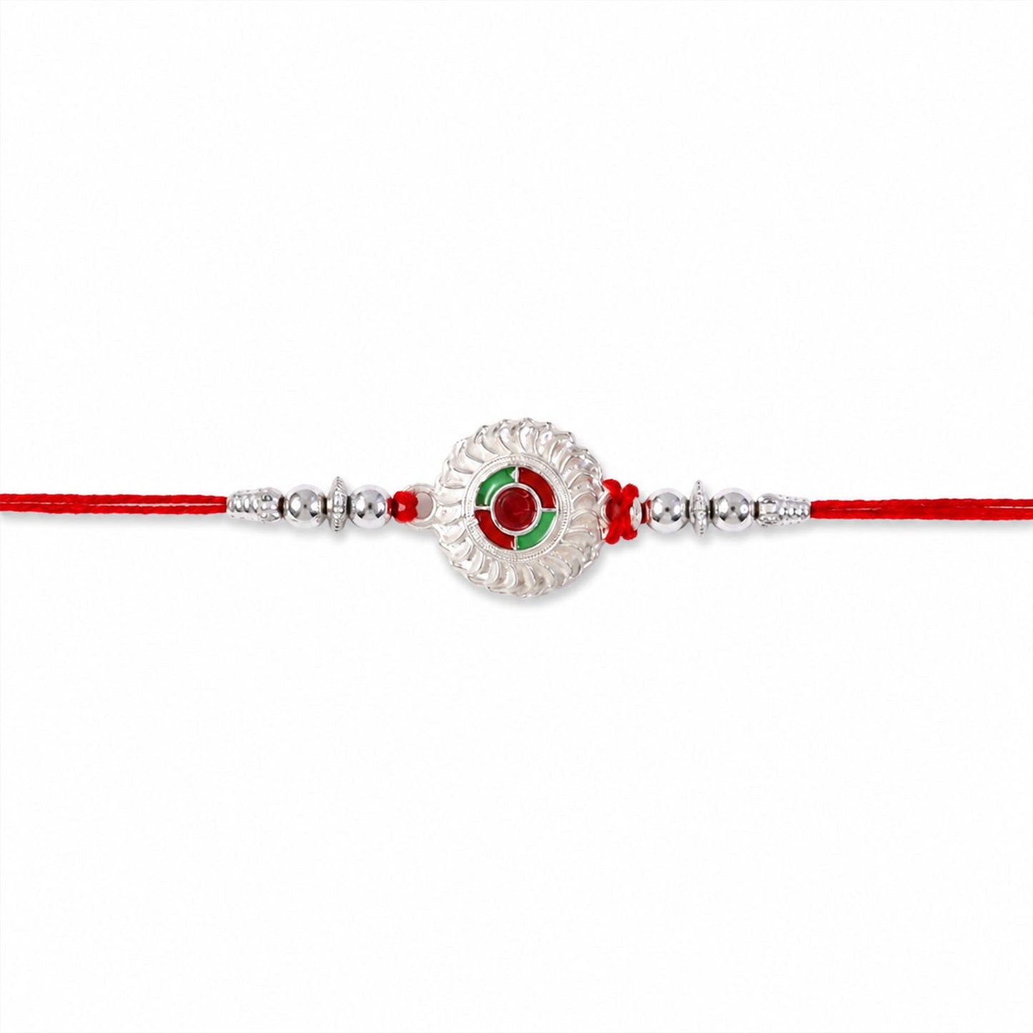 Close-up of festive rakhi with detailed beaded and thread work