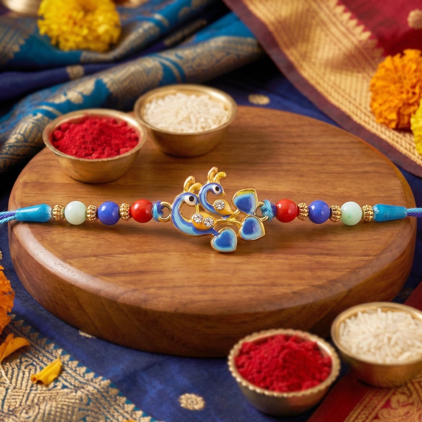 Soft thread and decorative beads on Twin Peacock Rakhi