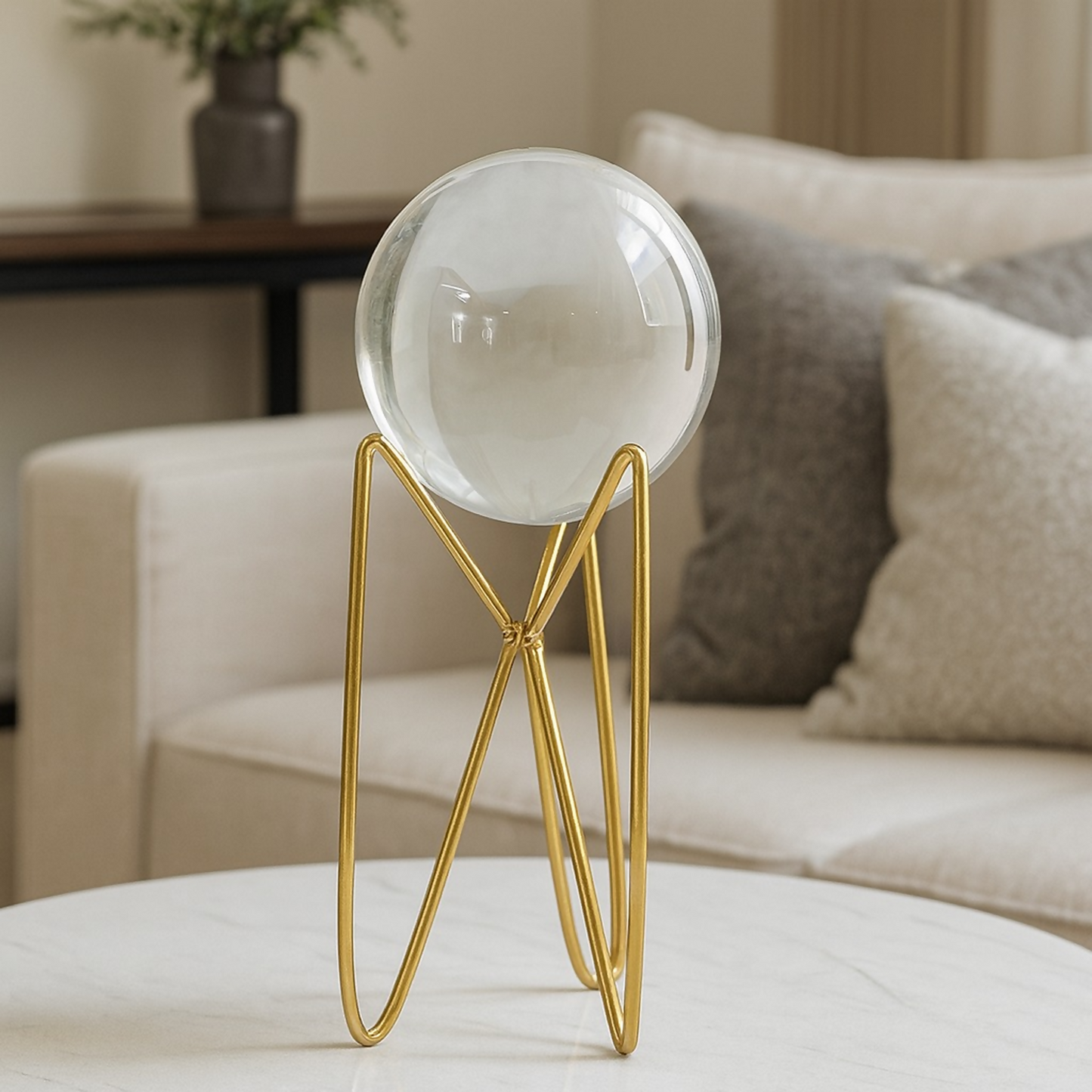Premium Crystal Glass Sphere Decorative Showpiece with Tall Golden Metal Stand | Modern Home & Office Table Decor | Elegant Centerpiece for Living Room, Study Desk, Reception & Gifting | Clear Crystal Orb Decoration