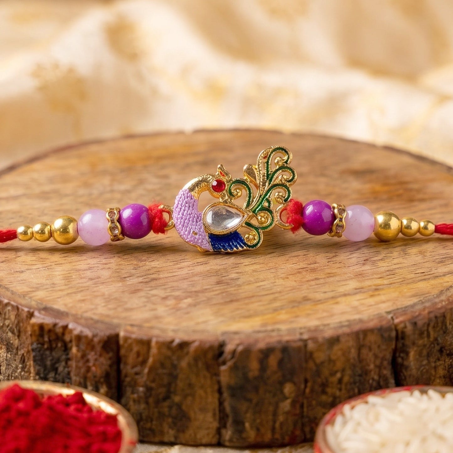 Top view of artistic peacock kundan Rakhi with vibrant beads