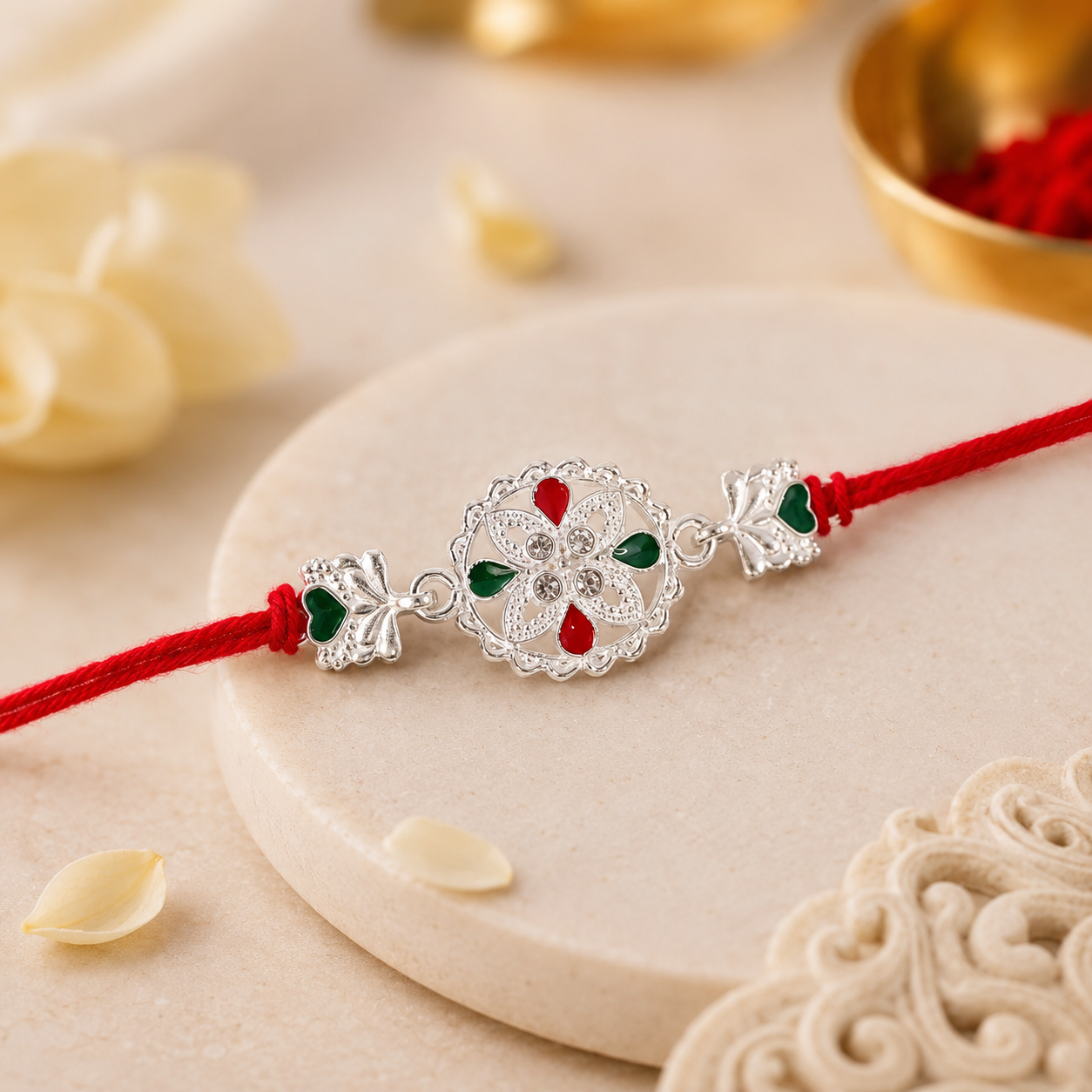 Angled view of white silver floral rakhi with prominent red stone