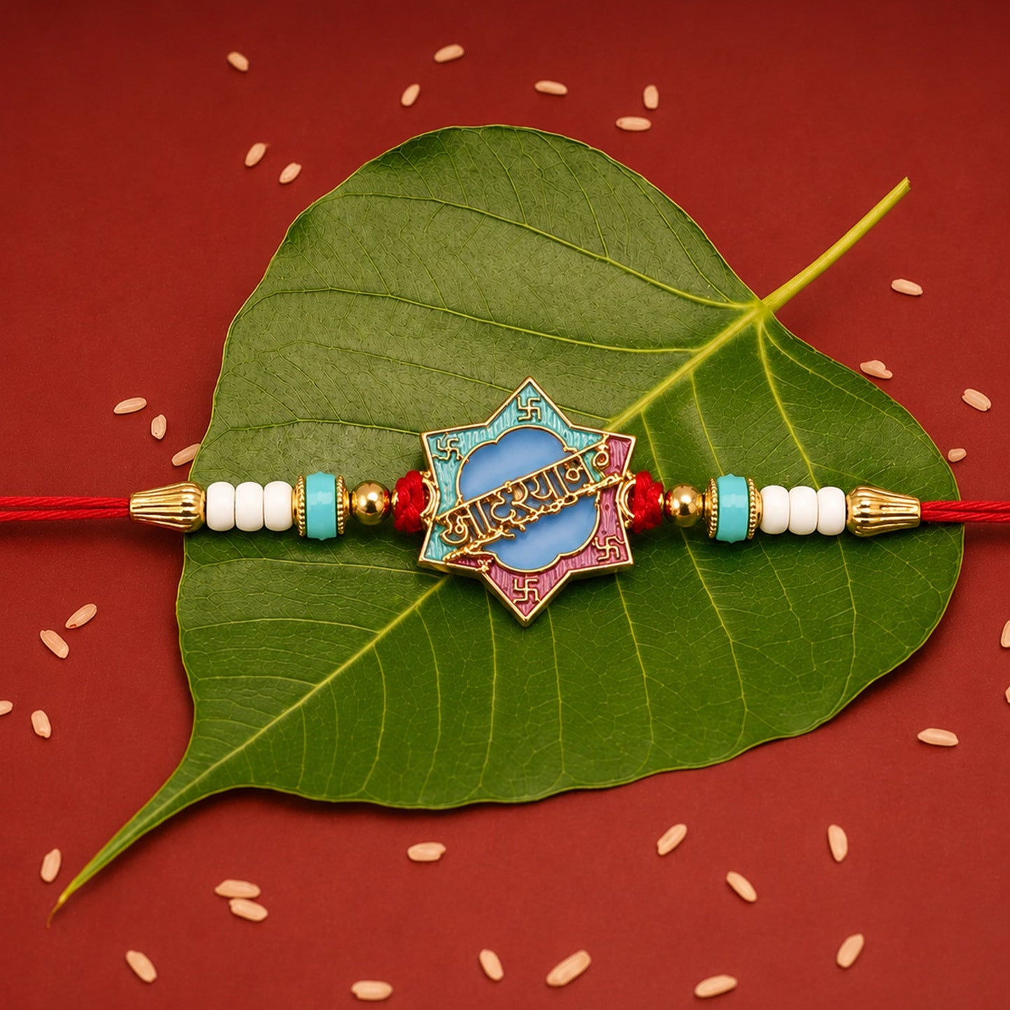 Colorful beads and Khatu Shyam design on traditional Rakhi for Raksha Bandhan