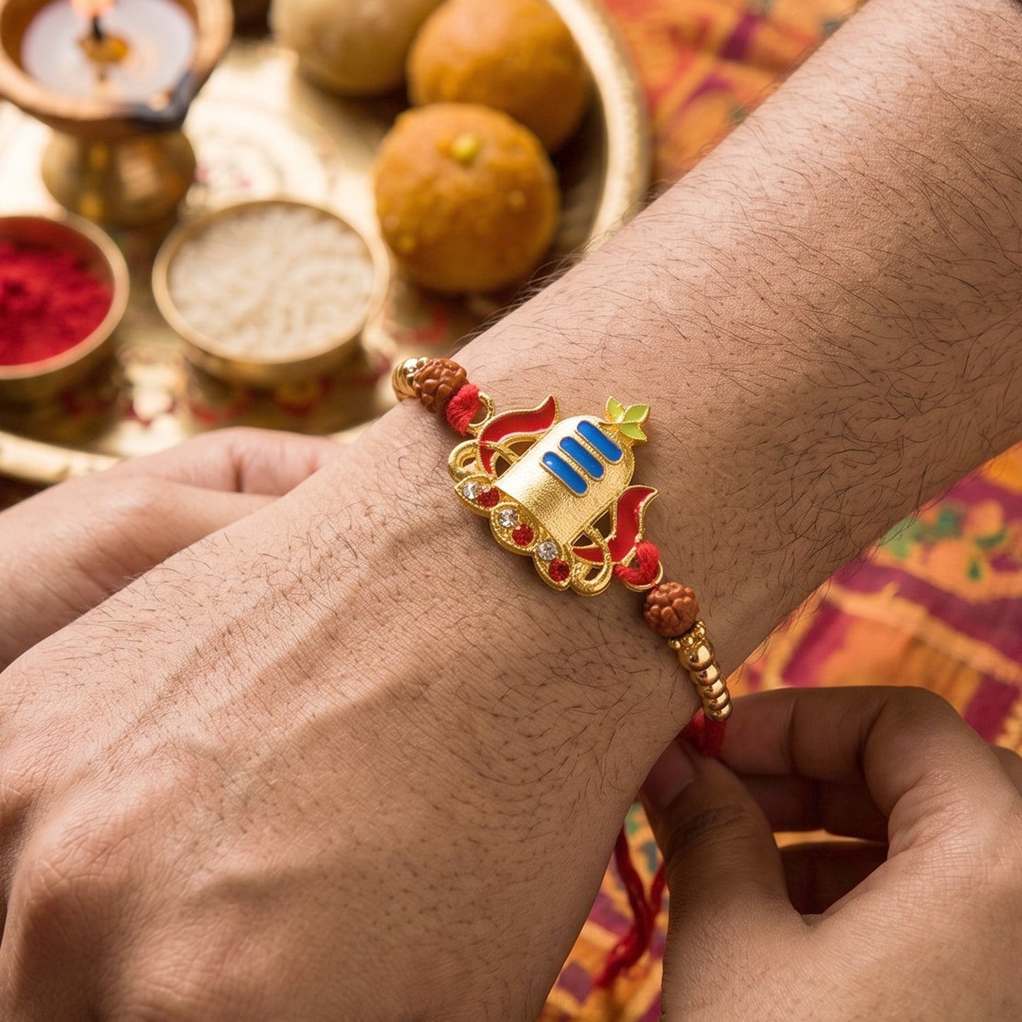 Traditional gold rakhi with shivling centerpiece and beads