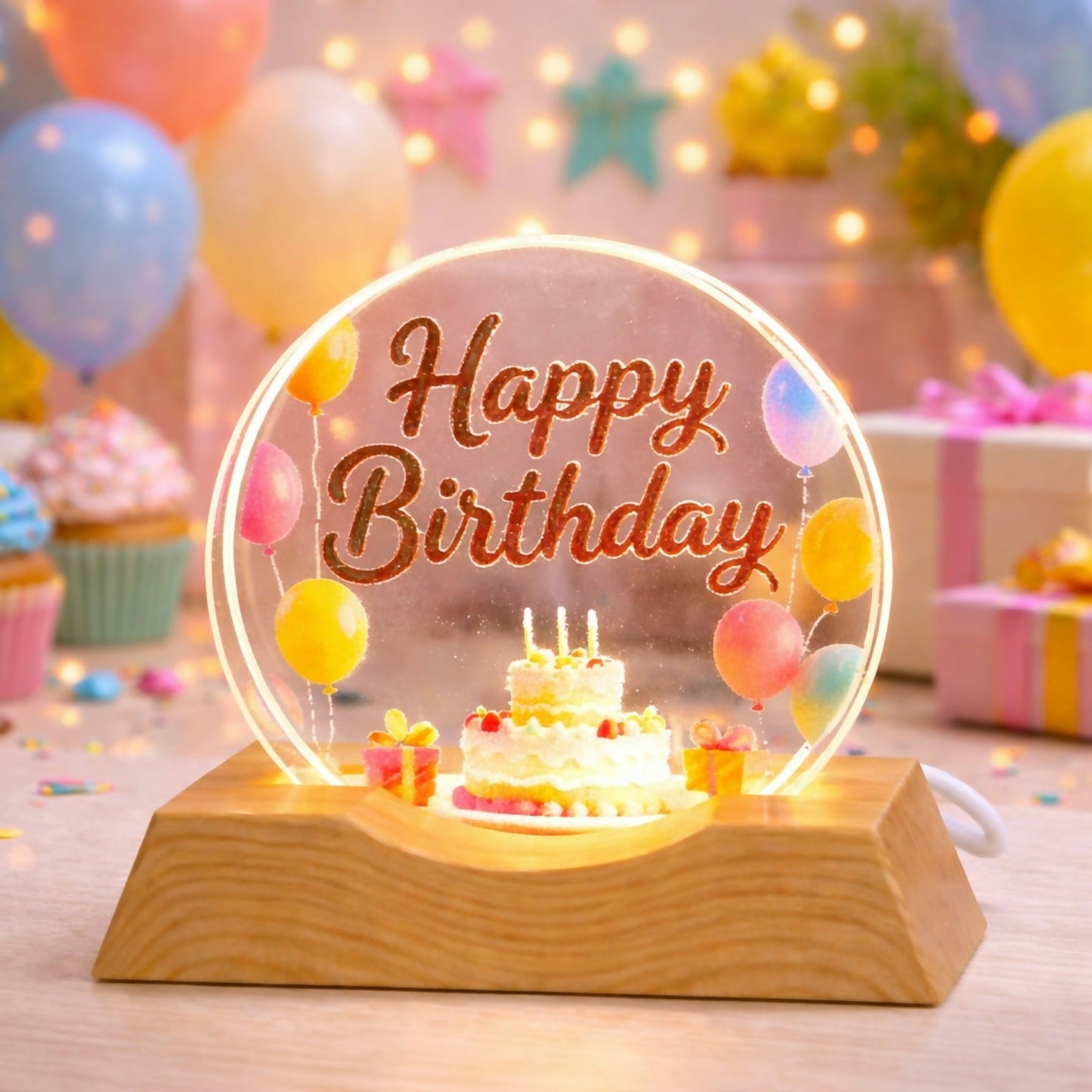 Happy Birthday LED Lamp Wooden Base Decorative Night Light