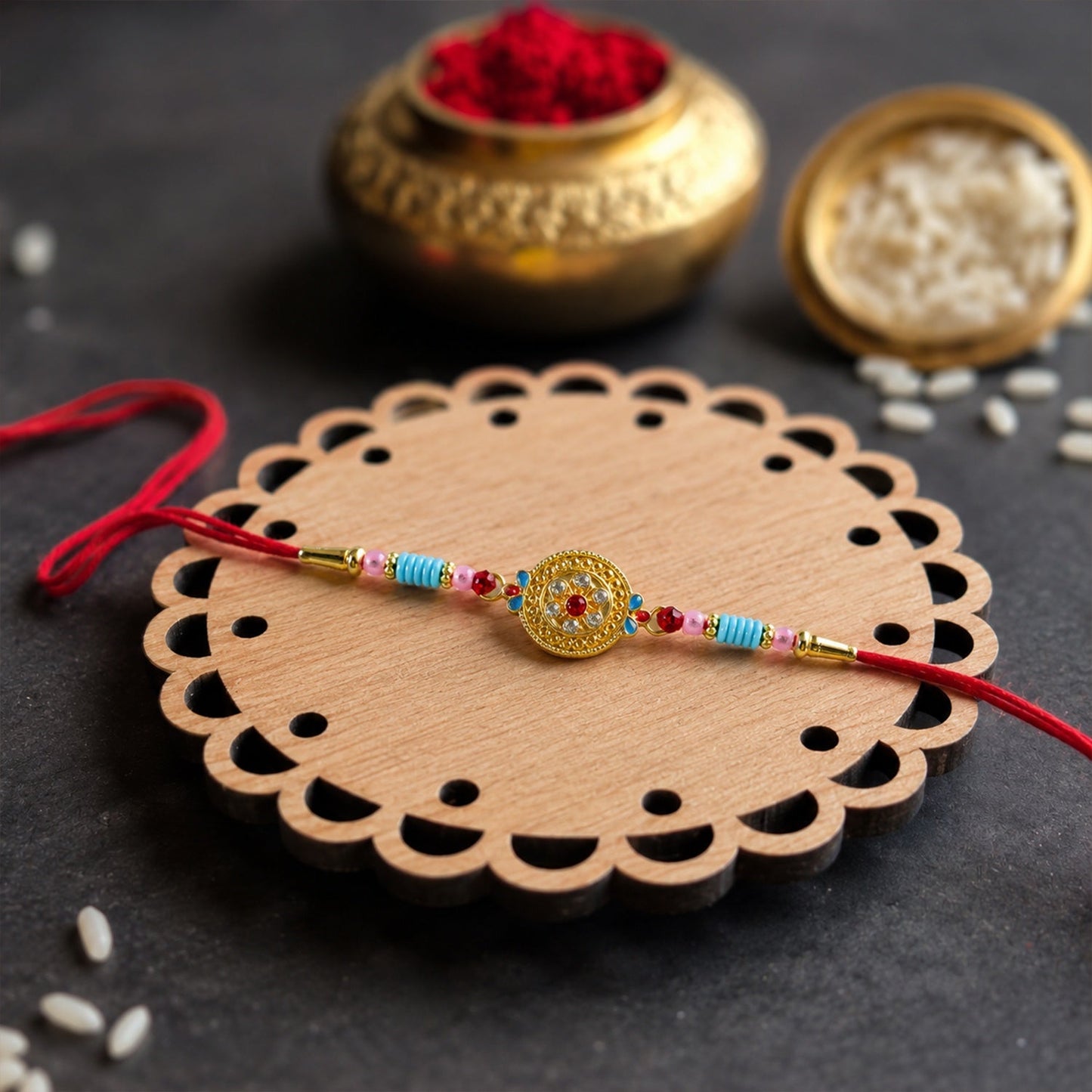 Top view of modern diamond Rakhi for sibling celebration