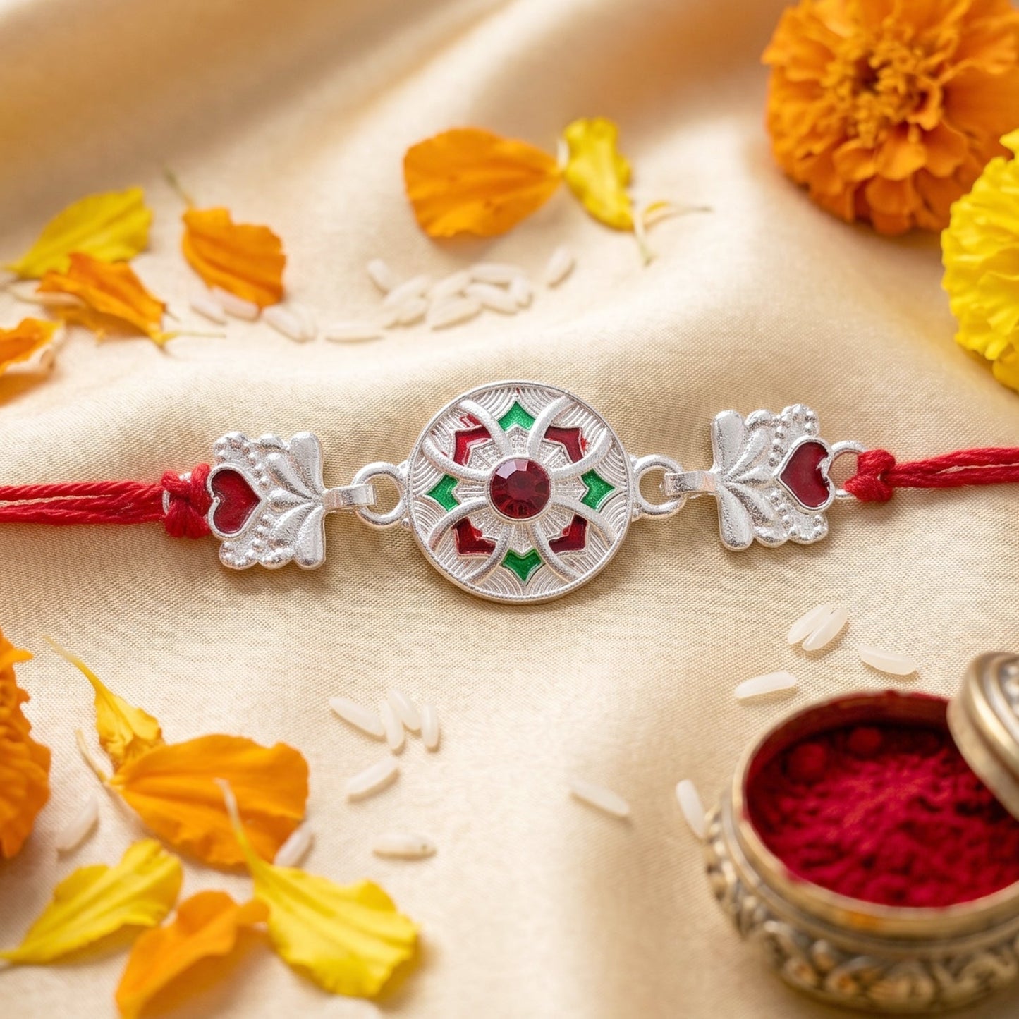 Silver rakhi displayed with colorful beadwork and metallic accents