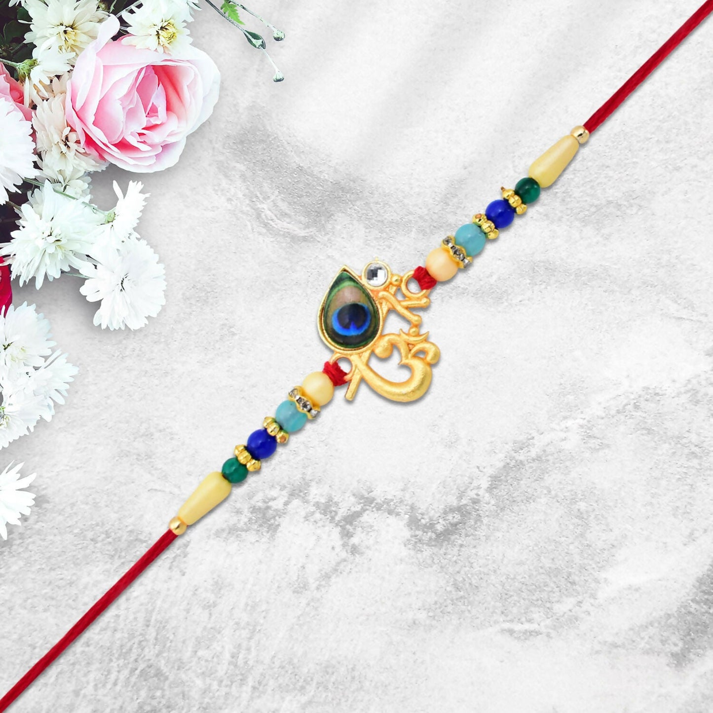 Brother's wrist adorned with elegant Peacock Feather Rakhi featuring intricate beadwork