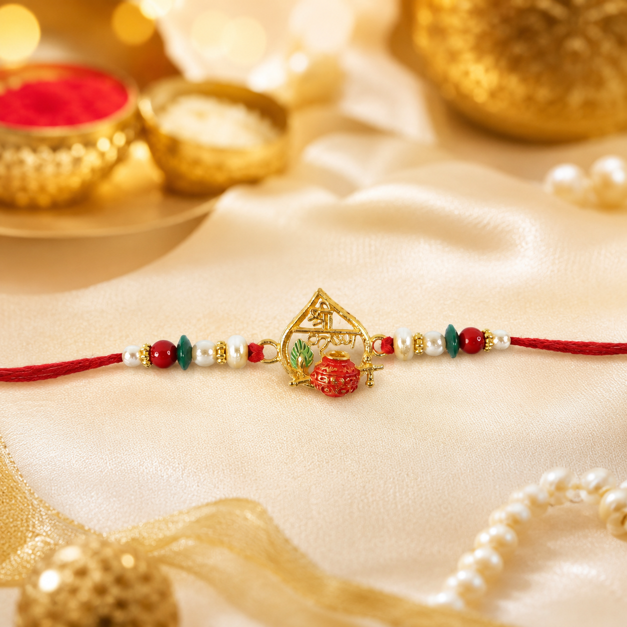 Beautiful traditional rakhi with beaded embellishments and pearl accents for Raksha Bandhan