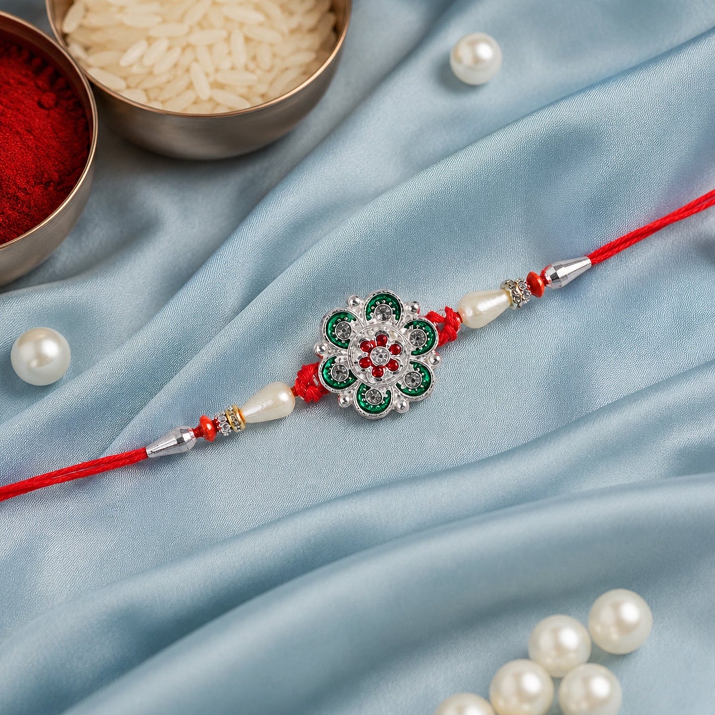 Green flower rakhi tied comfortably on wrist