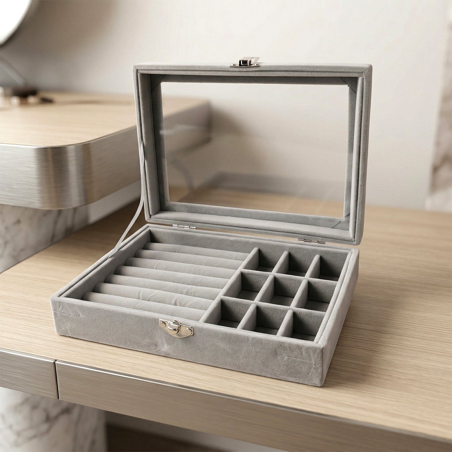 Premium Velvet Jewellery Organizer Box with Transparent Lid