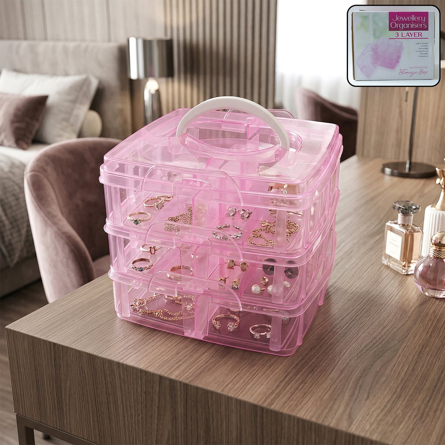 3-Tier 18 Sections Transparent Stackable Adjustable Compartment Slot Plastic Craft Storage Box