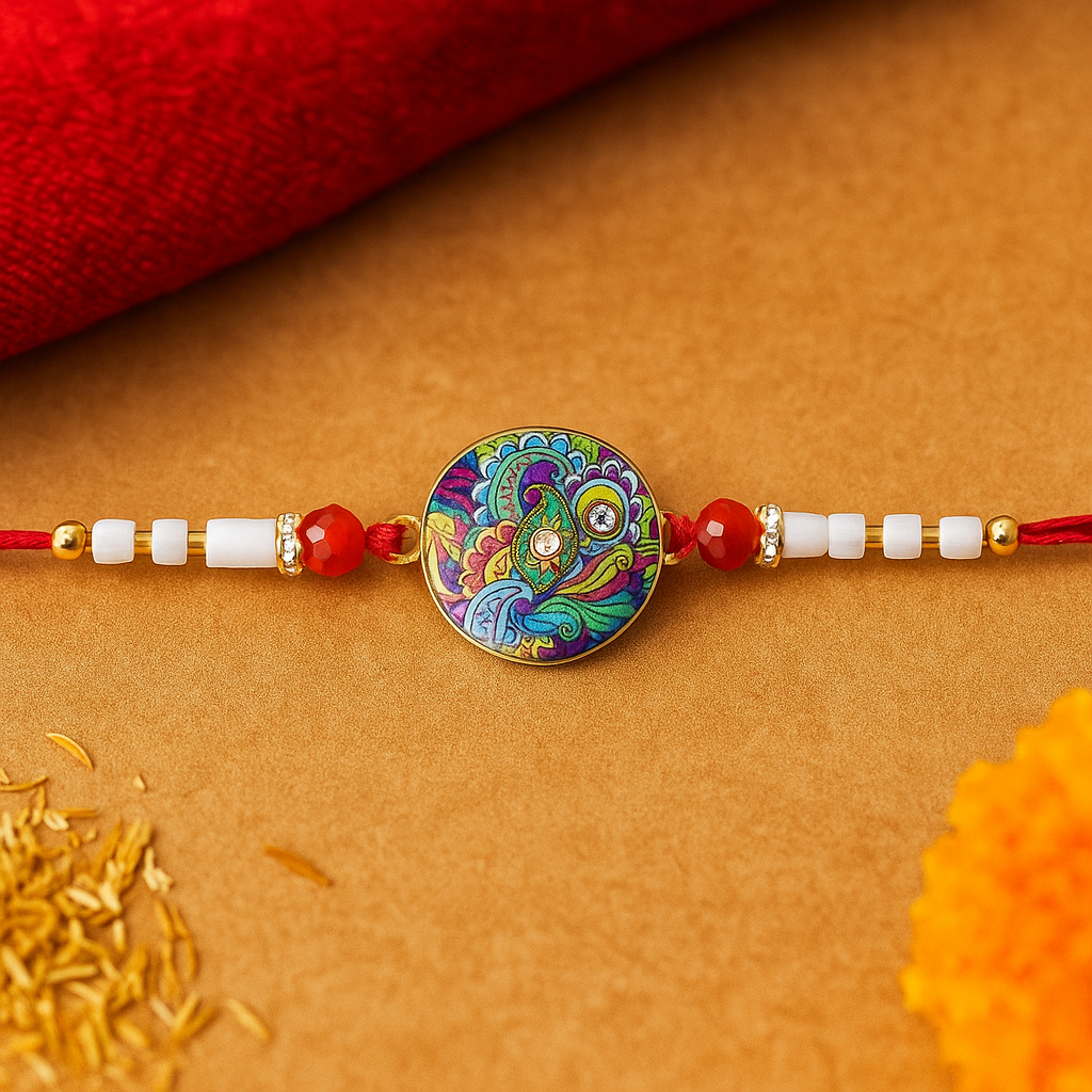 Elegant Paisley Swirl Rakhi handcrafted with intricate design on white background