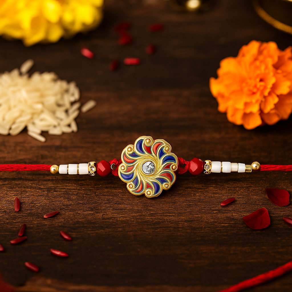 Close-up of Blue Red Swirl Rakhi showing detailed swirl design and premium material