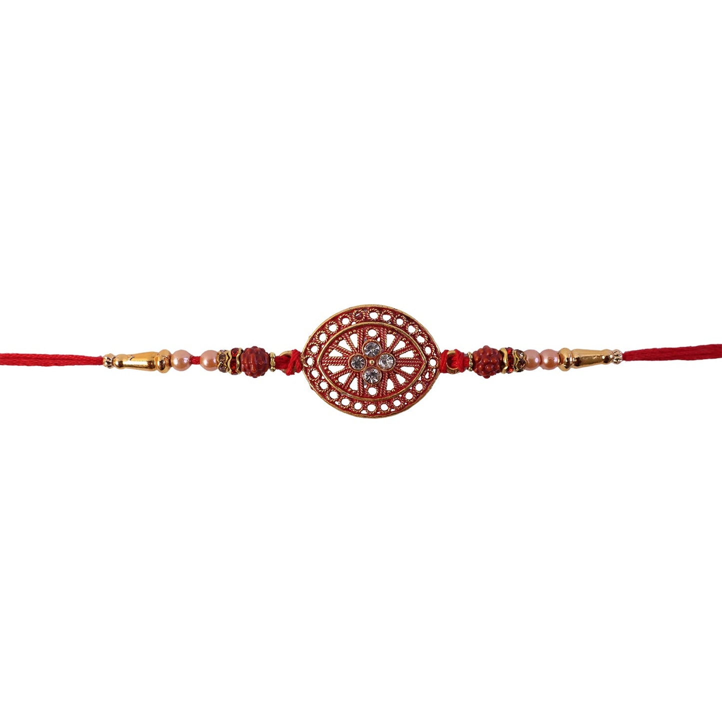Decorative golden beads on red chakra Rakhi for siblings