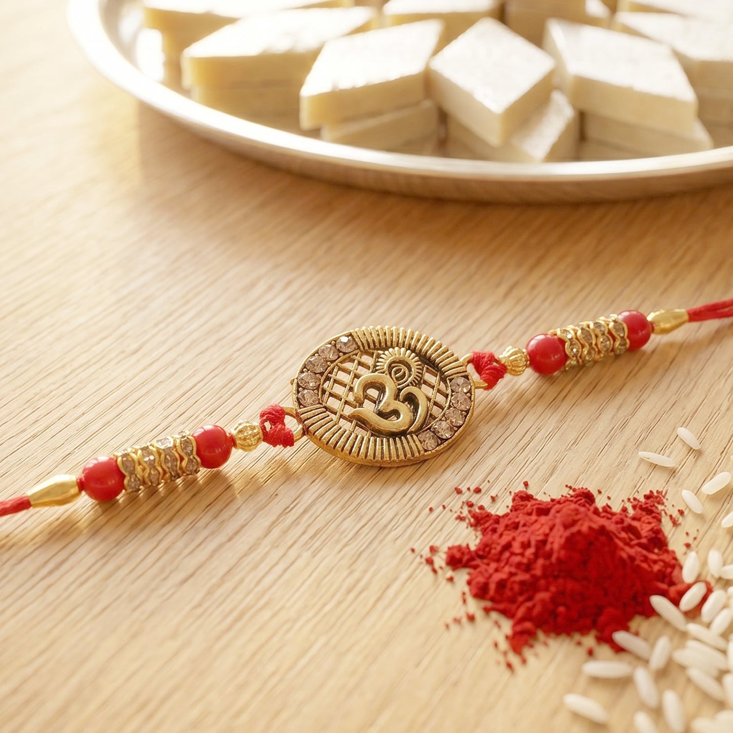 Detailed view of Om coin centerpiece with Rudraksha beads on Rakhi