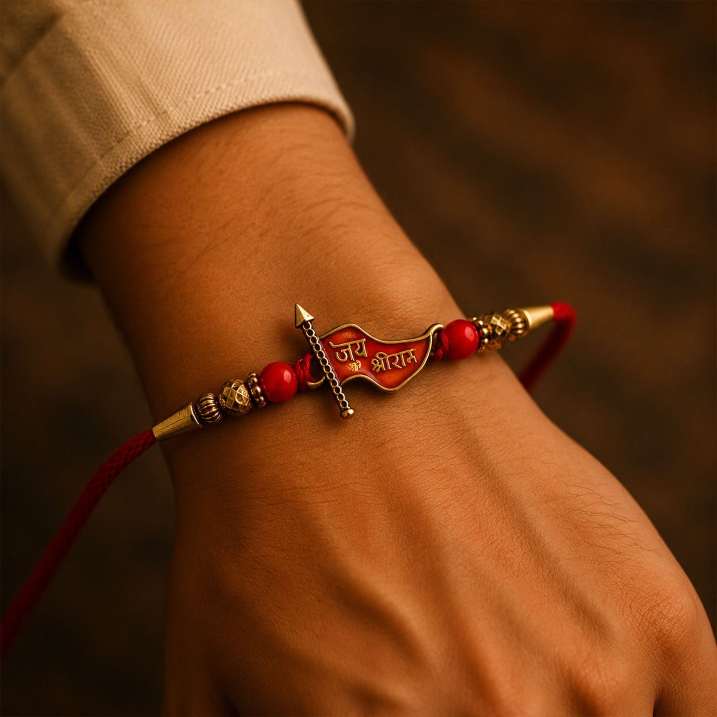 Rakhi styled on wrist showing intricate design