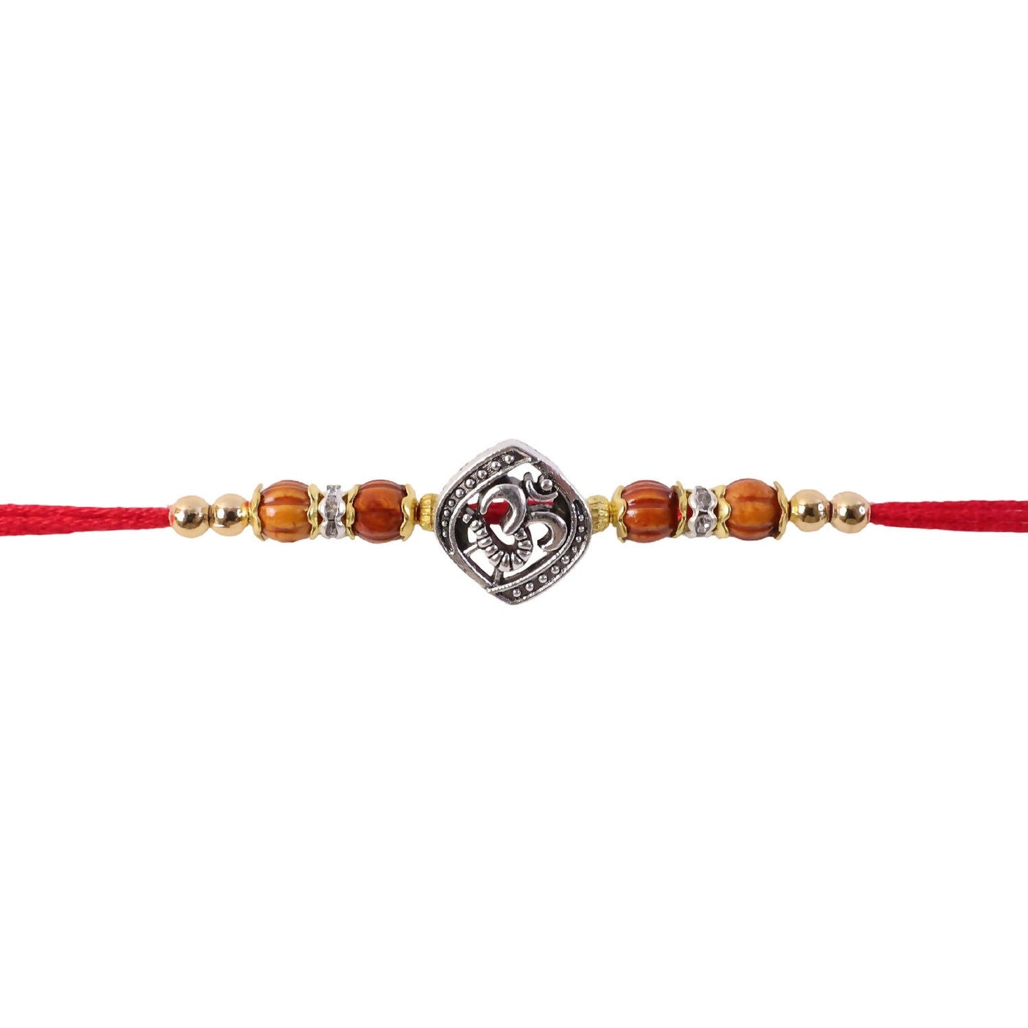 Overhead shot of the Om Rakhi showcasing vibrant beads and design.