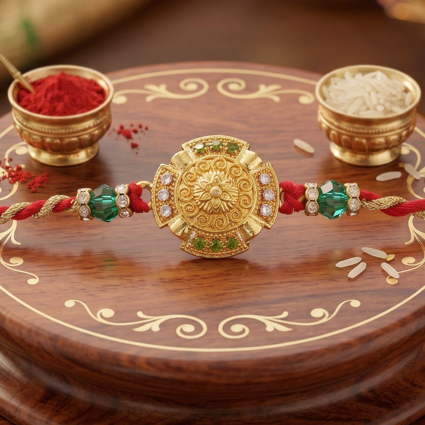 Elegant traditional gold floral Rakhi with detailed centerpiece.
