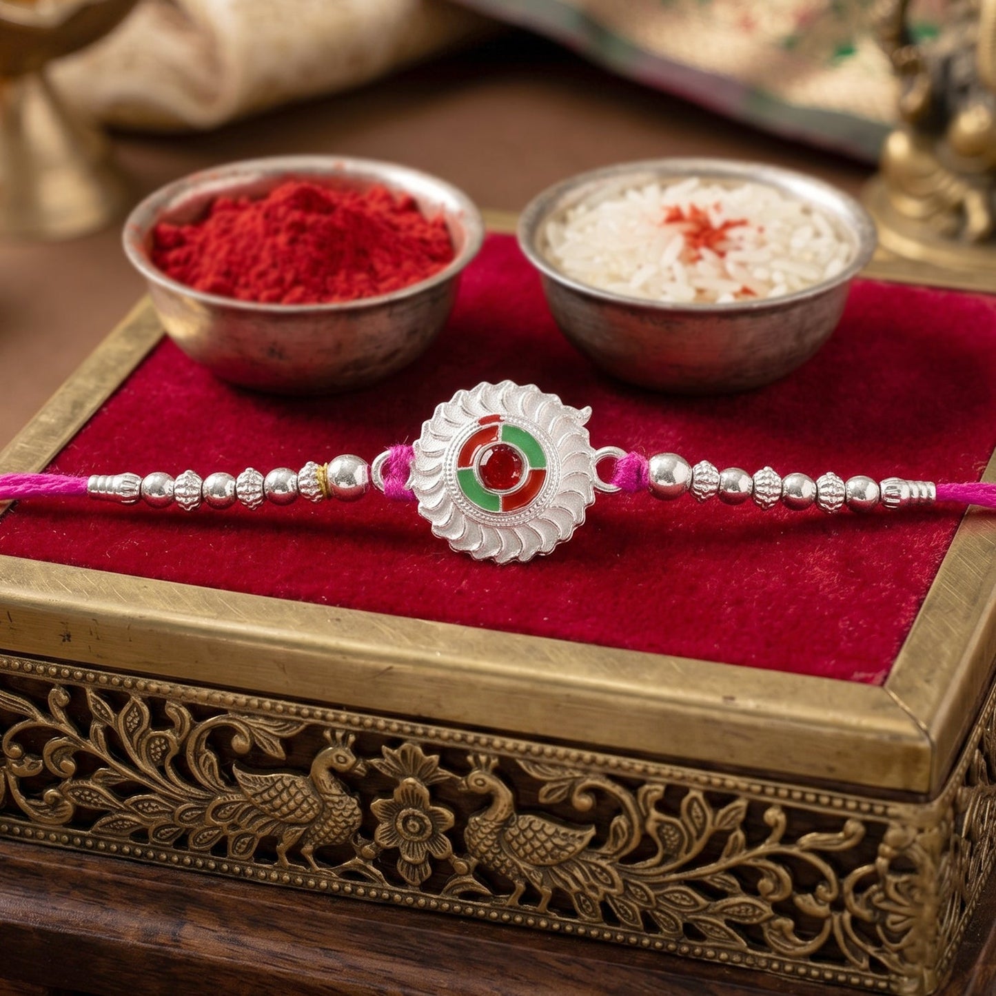 Close-up of decorative beads and red stone on floral rakhi