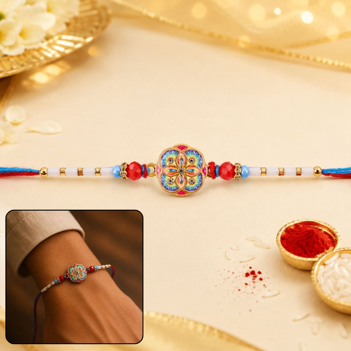 Colorful Kundan Round Rakhi with red beads and blue thread edges