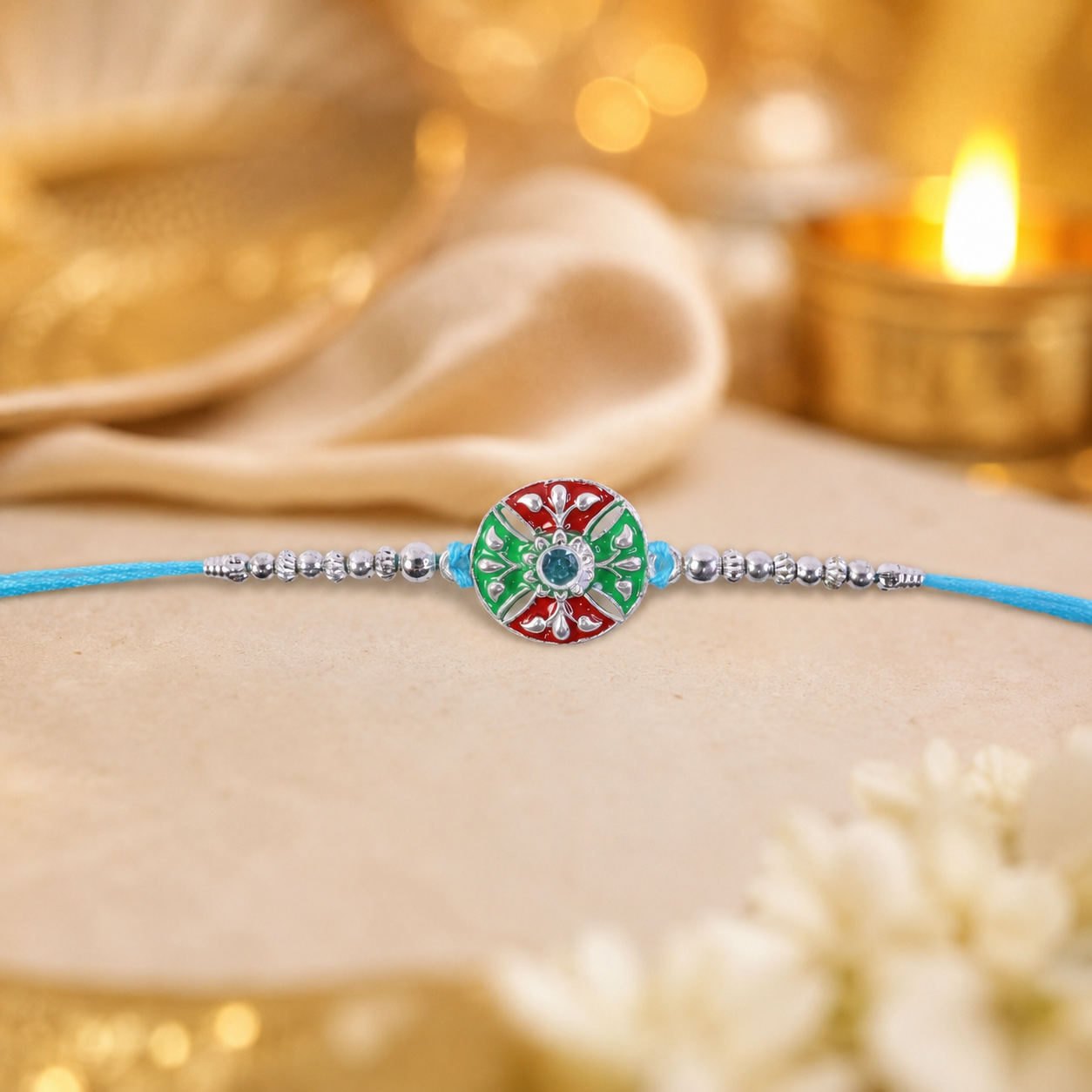 Beautiful festive rakhi with decorative beads and fine silver chain