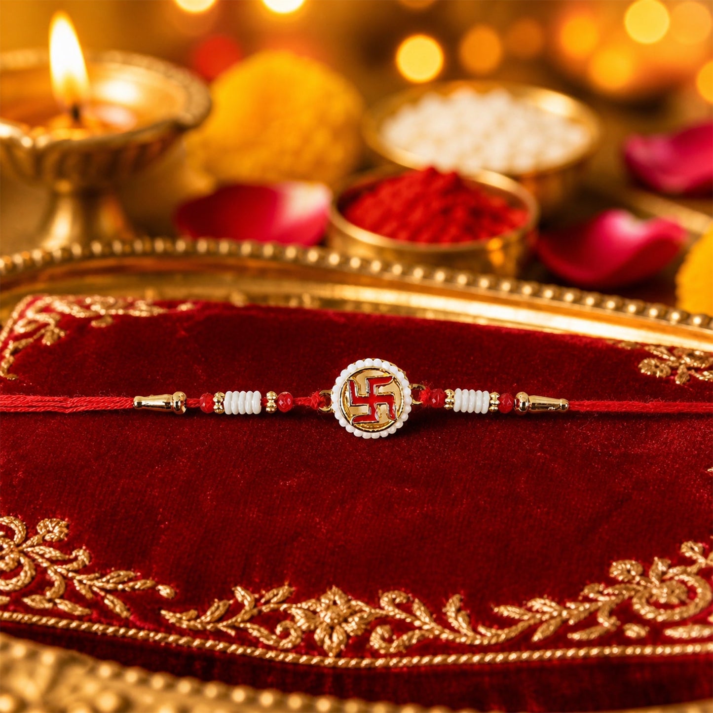 Elegant Swastik Pearl Frame Rakhi displayed for Raksha Bandhan