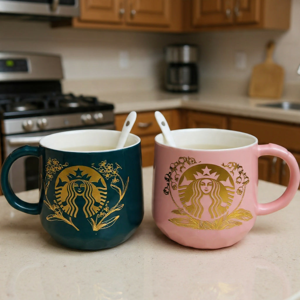 Ceramic Coffee Mug Set of 2 with Spoons, Designer Tea Cups