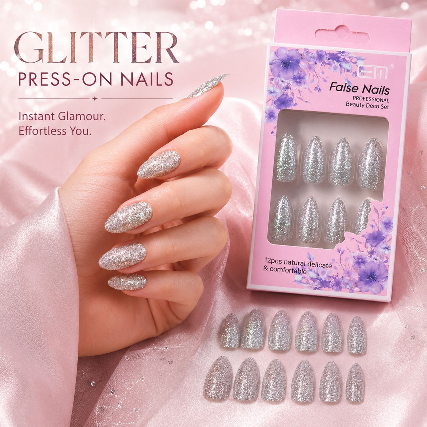 Glitter Press-On False Nails fake nails - (1 Pc / Mix Color & Design)