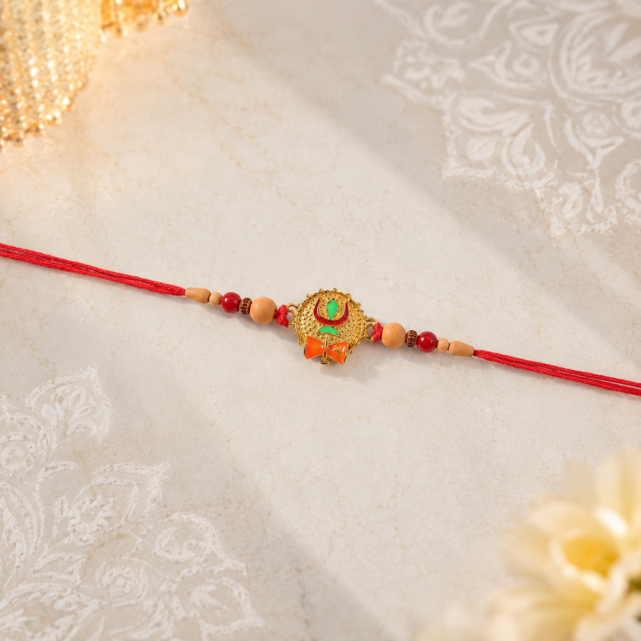 Close-up of stylish green stone centered rakhi with red thread detail