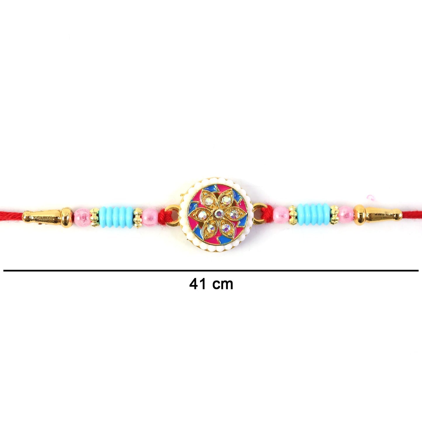 Side angle showing soft thread of decorative rakhi