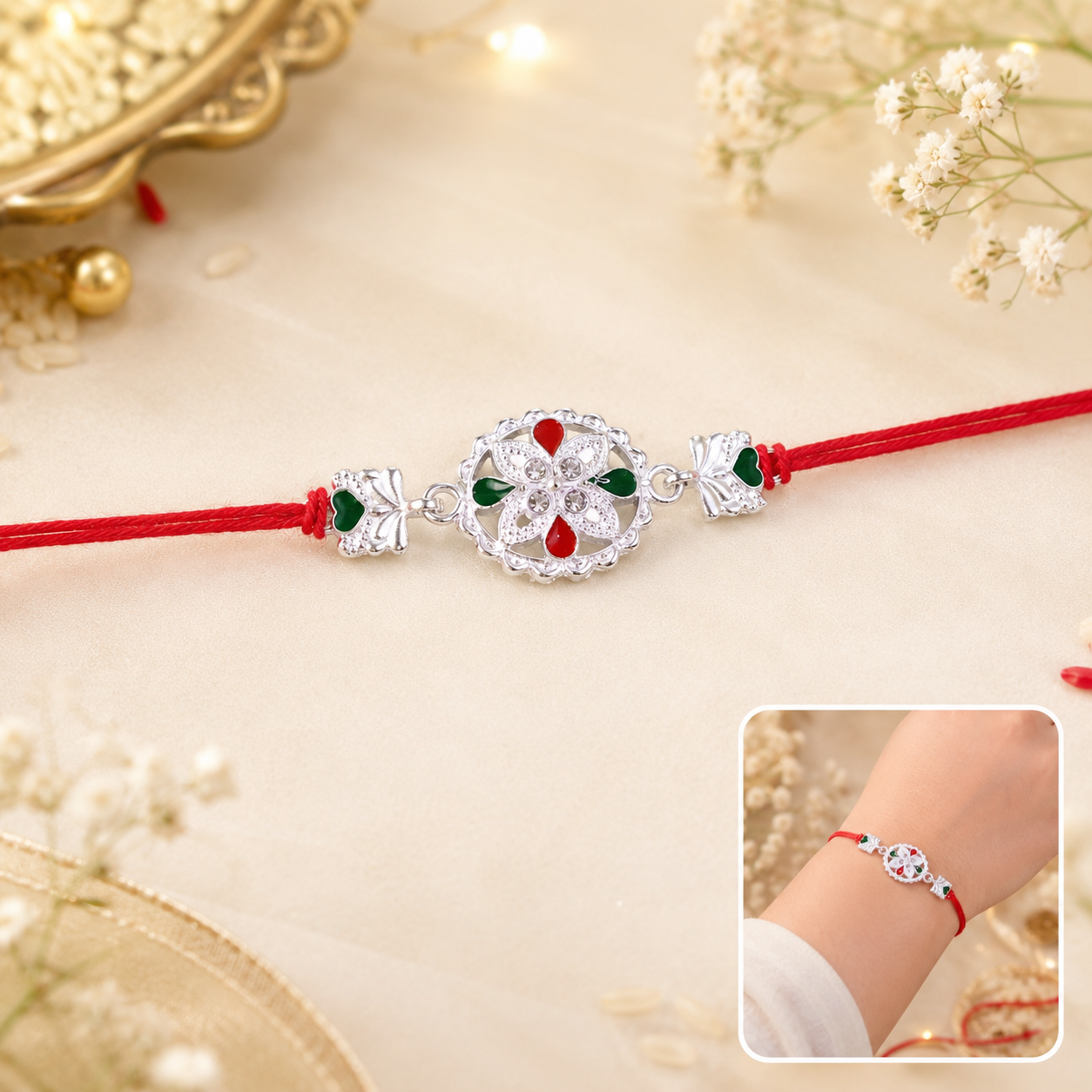 White silver floral rakhi on decorative background with charms