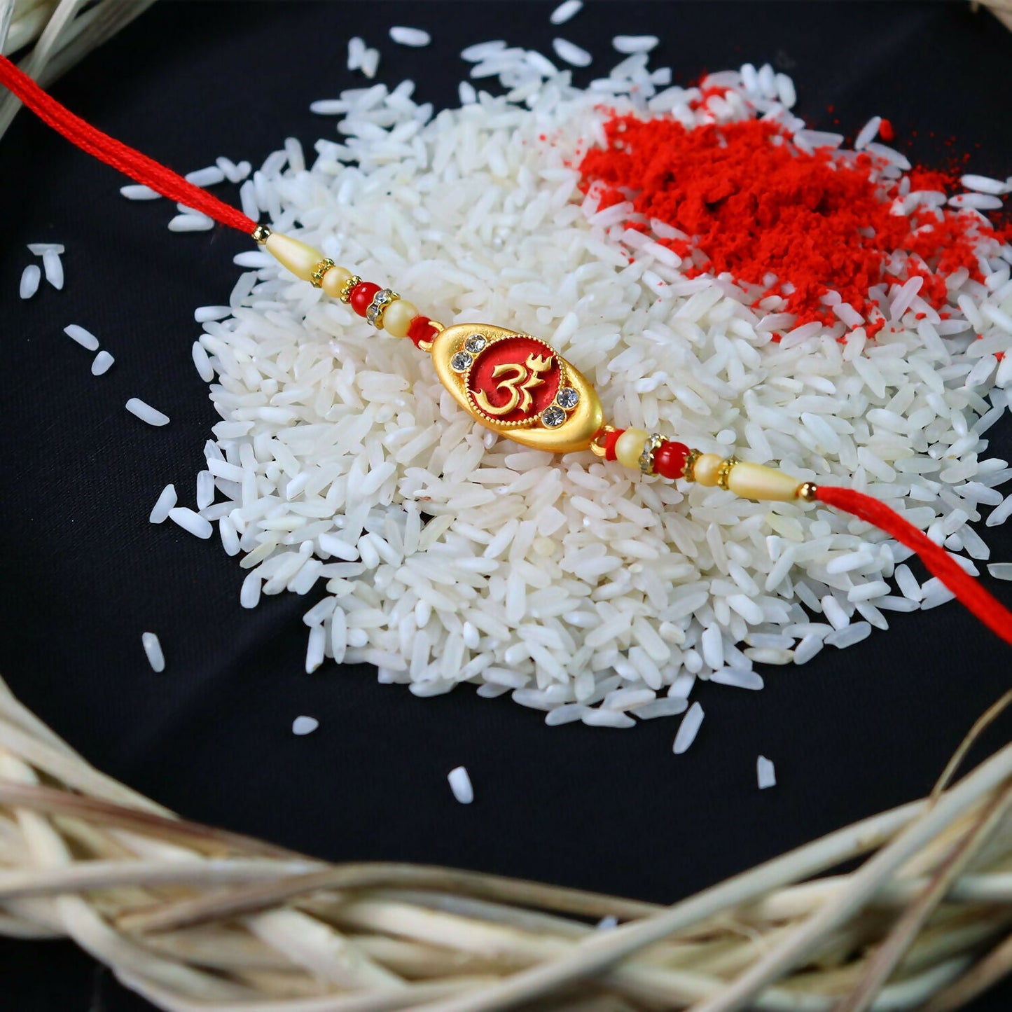 Close-up of spiritual Om motif on the Rakhi showcasing craftsmanship