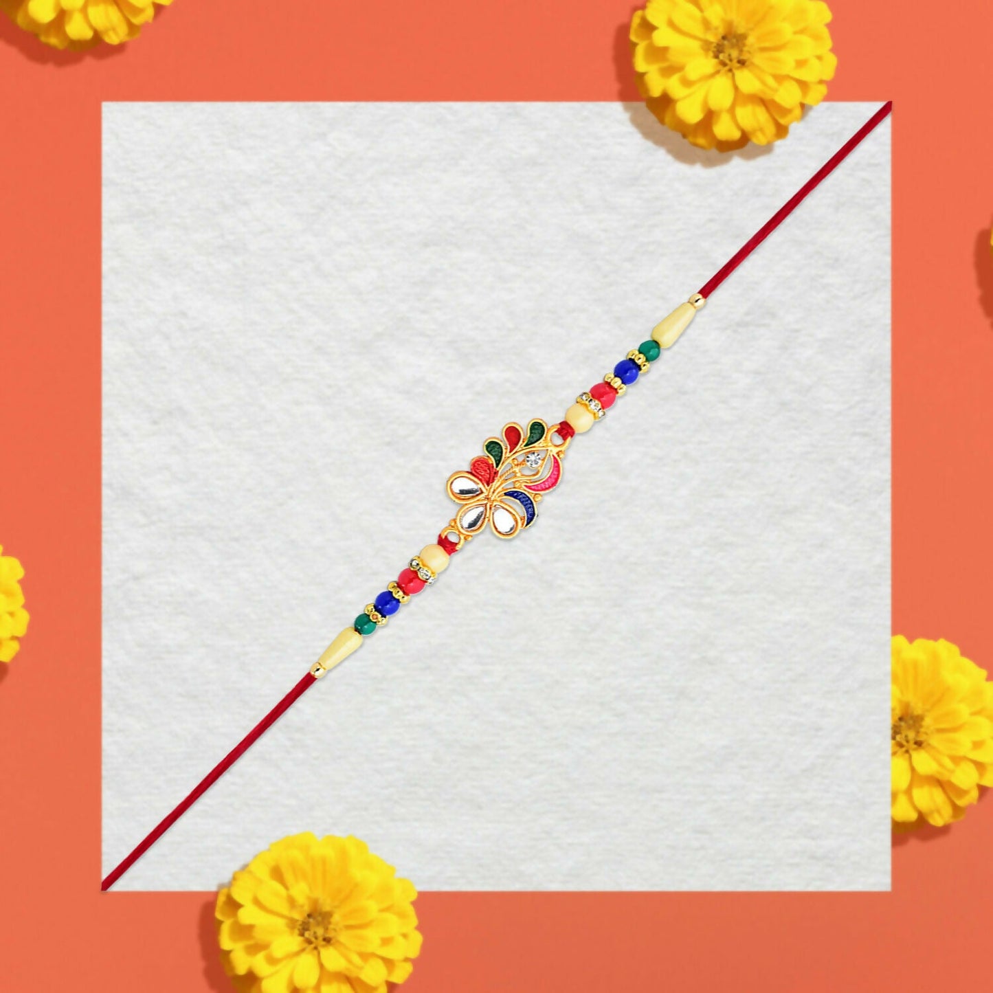 Close-up image highlighting the bright multicolor beads of Peacock Feather Rakhi.