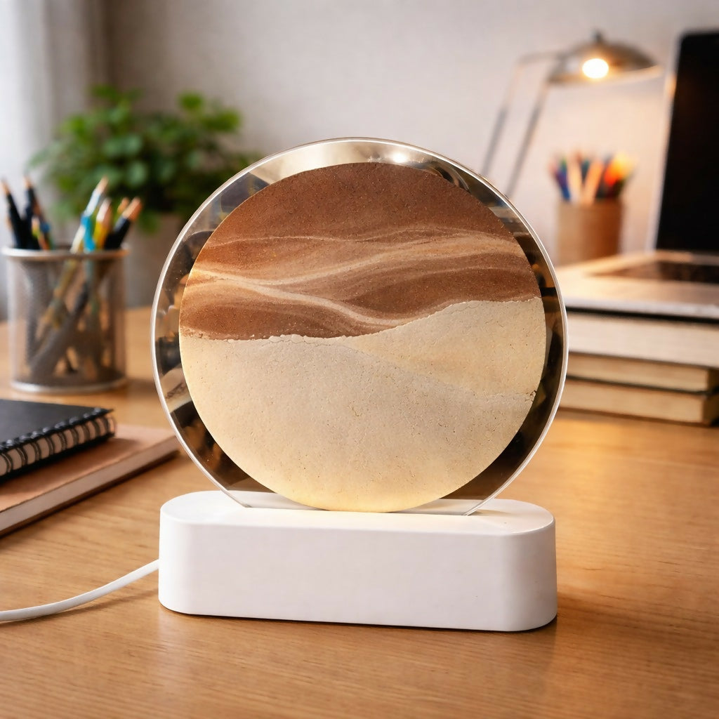Brown Moving Sand Art LED Lamp Round Decorative Ambient Night Light