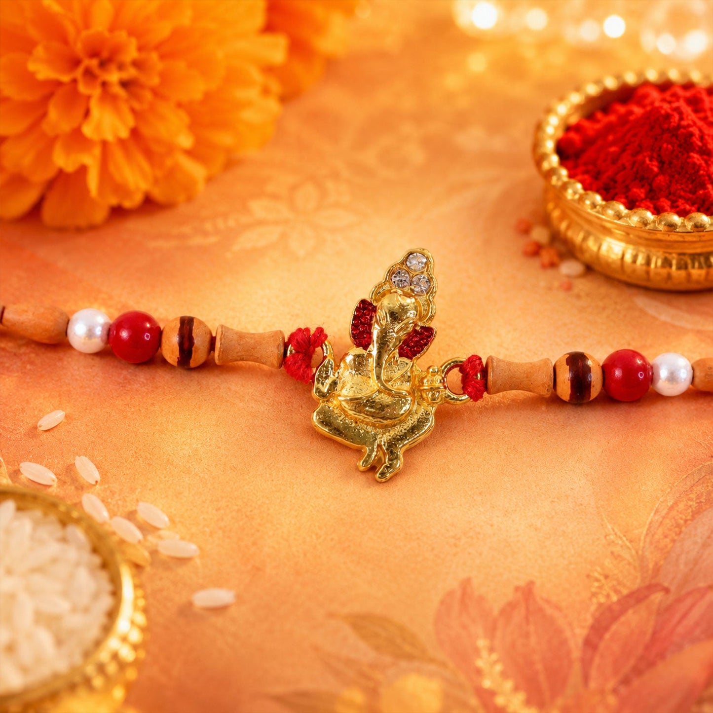 Traditional style Gold Ganesh Rakhi with thread and beads