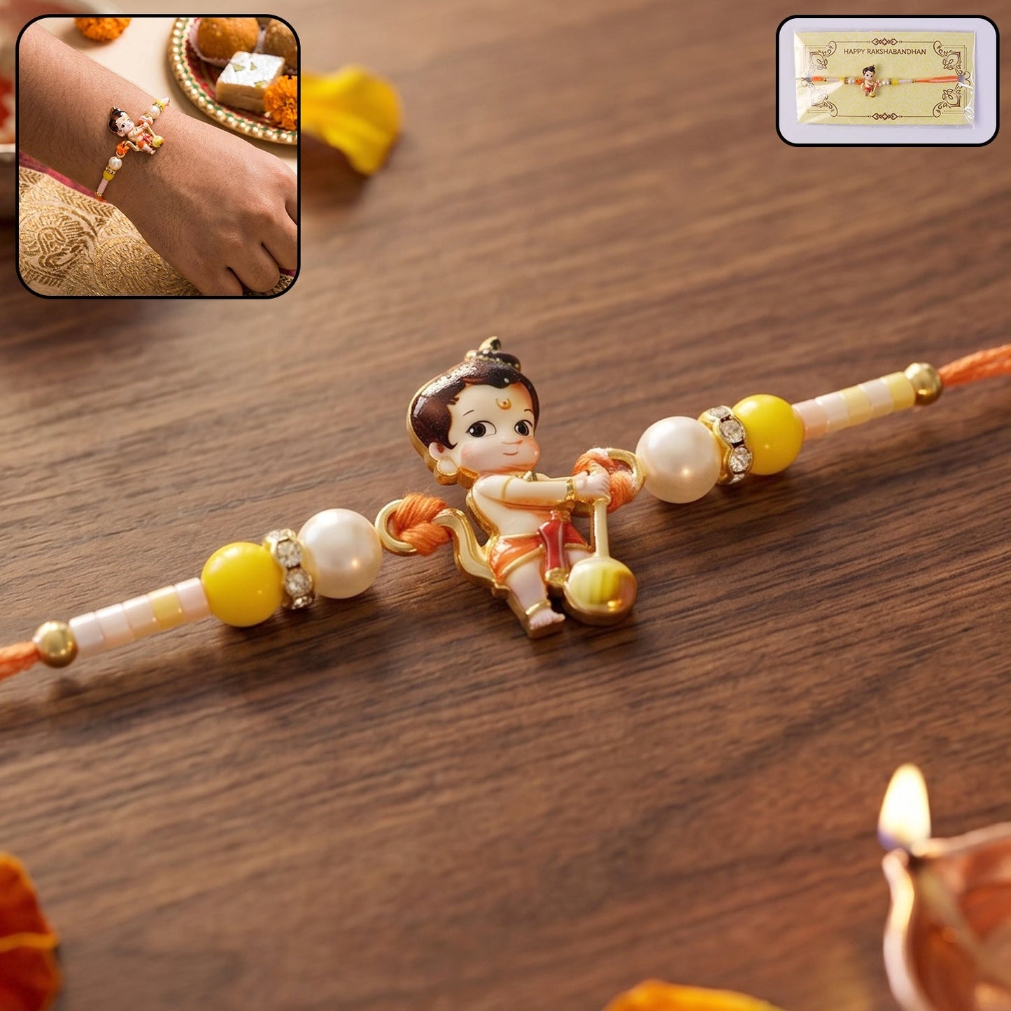 Close-up of the detailed Bal Hanuman centerpiece on the rakhi.