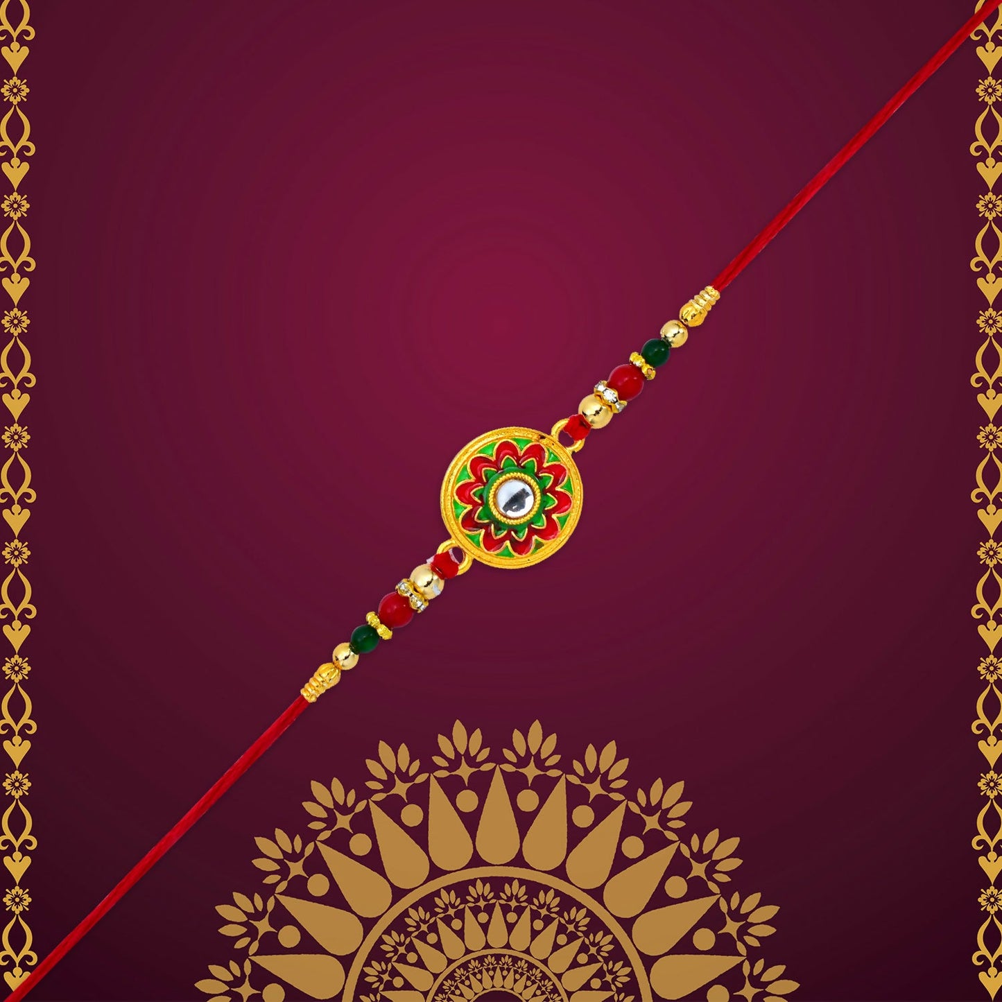 Close-up of colorful flower rakhi showing detailed enamel work and beads
