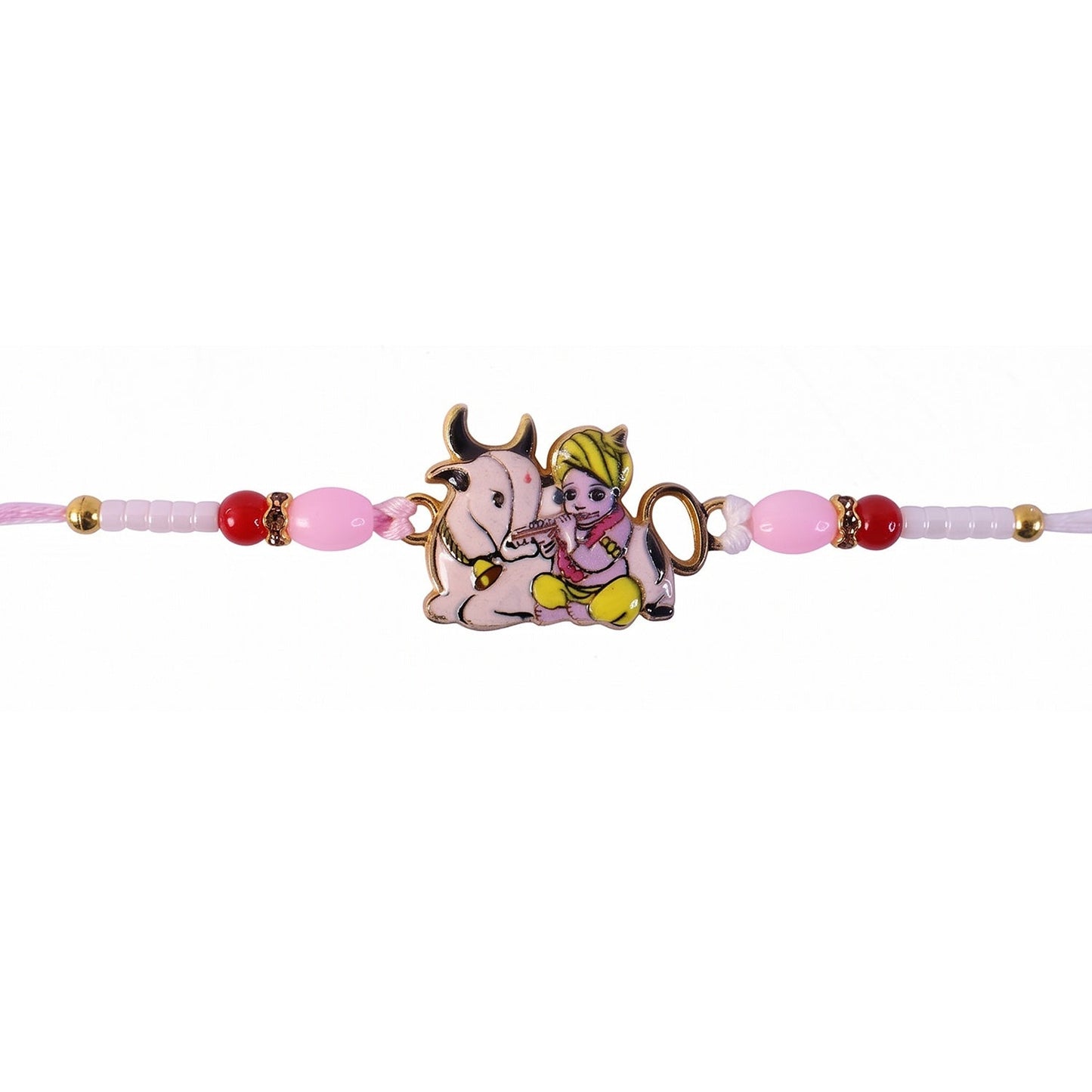 Front view of Krishna and cow centerpiece Rakhi