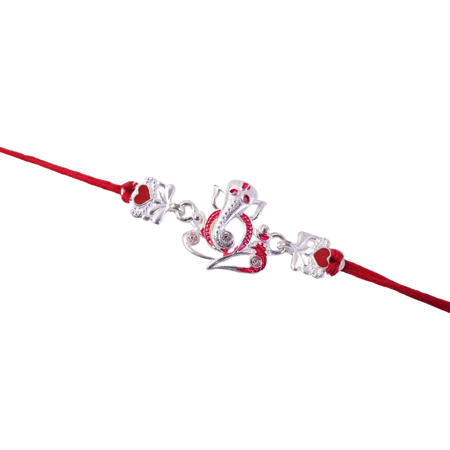 Top view of the detailed silver Ganesha rakhi highlighting craftsmanship.