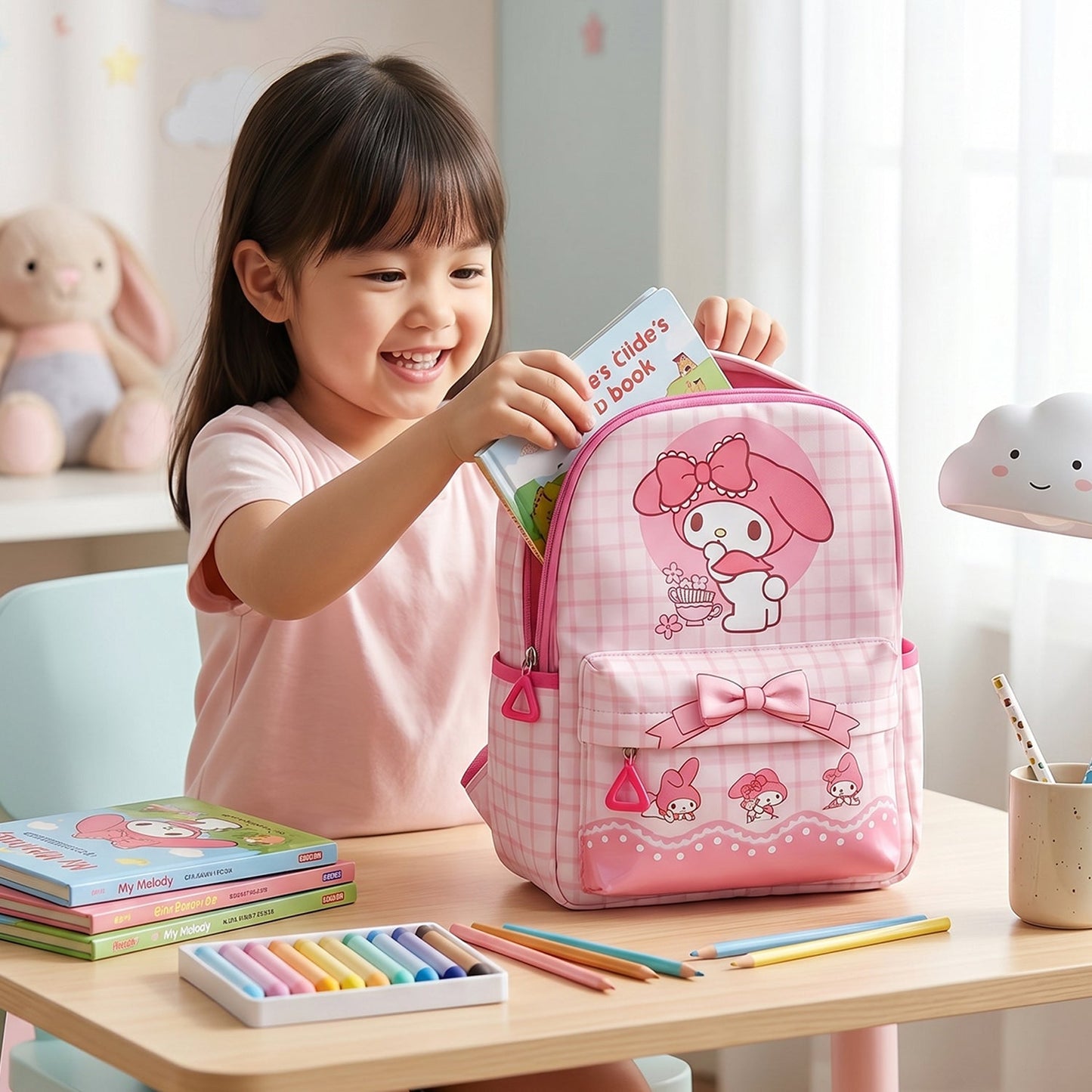 Cute Bow and Bunny Design Backpack – (1 Pc, 13 Inch)