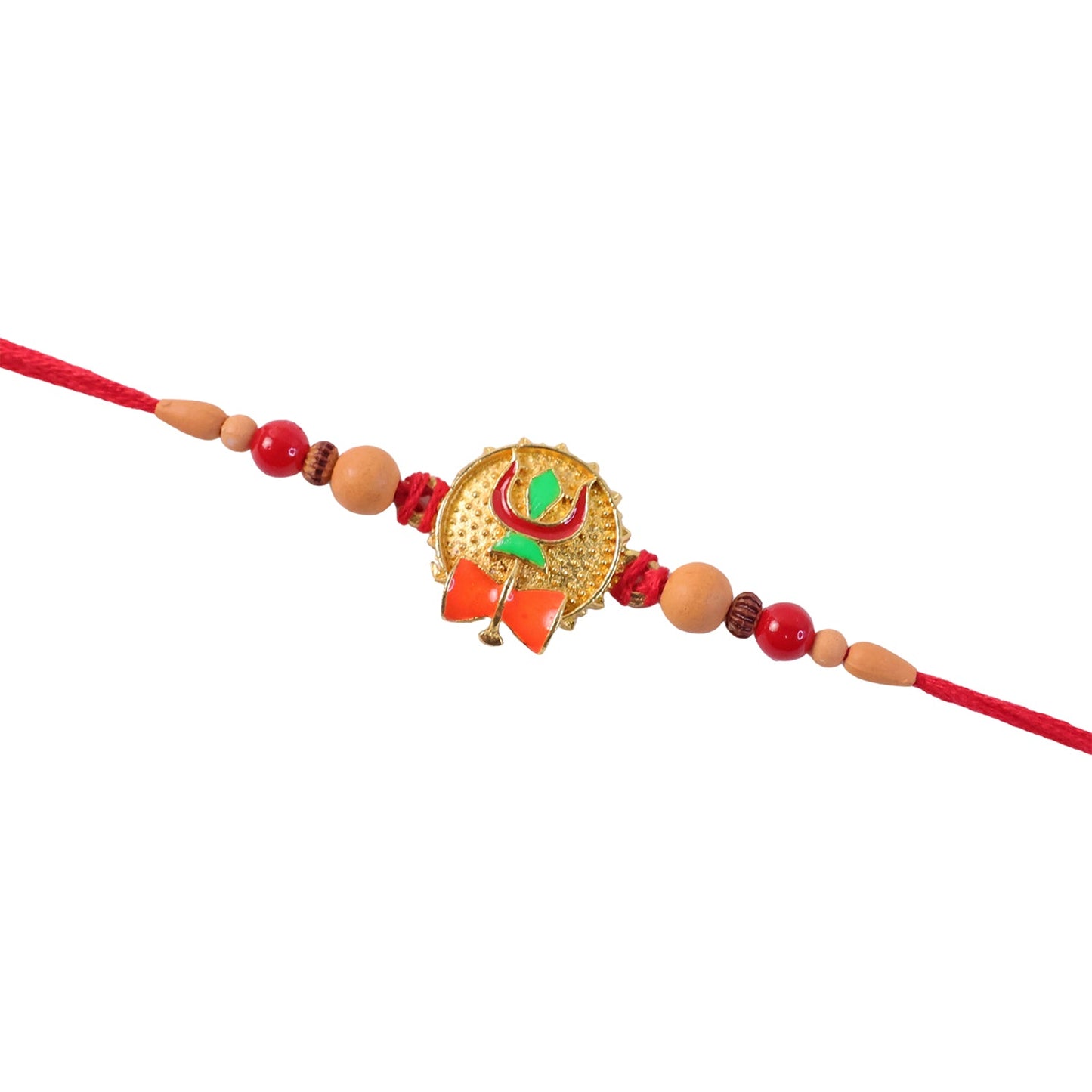 Neat red thread with peach beads on Rakhi