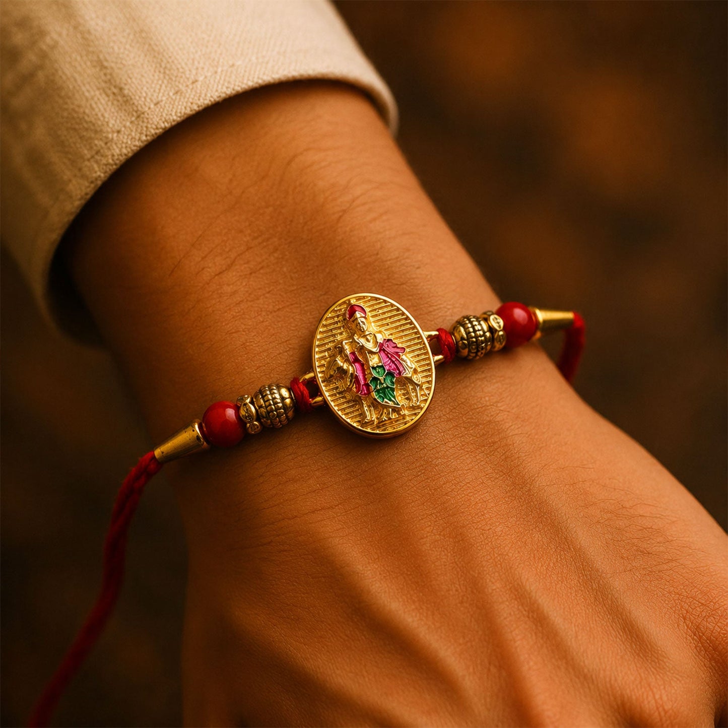 Dwarkadhish Krishna gold coin center of rakhi with red beads