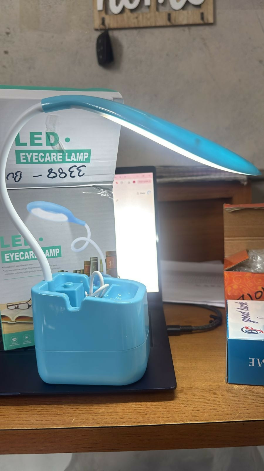 Blue LED Desk Lamp with Mobile Stand & Pen Holder, Flexible Study Light