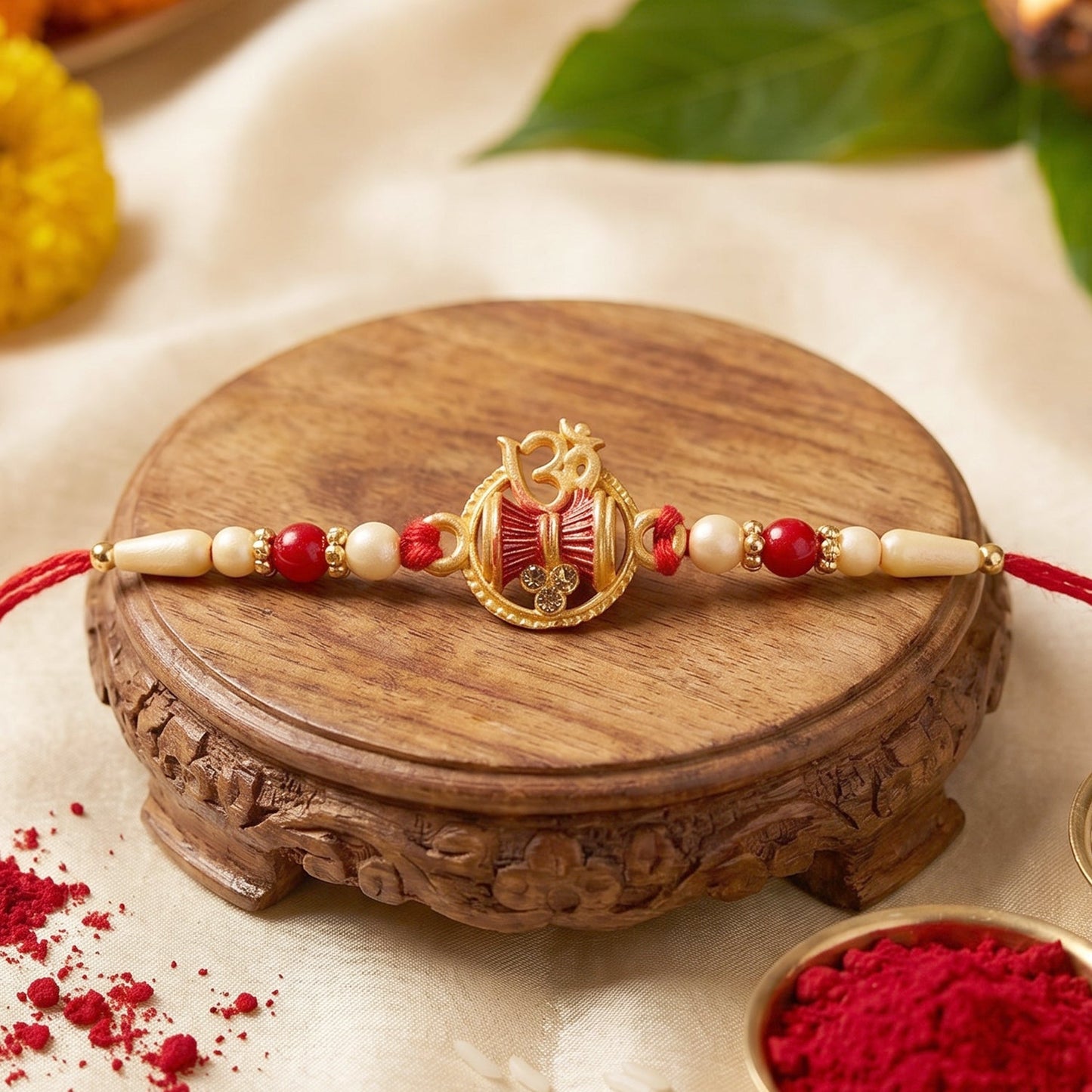 Traditional Golden Damru Om Rakhi with intricate red and white beadwork.