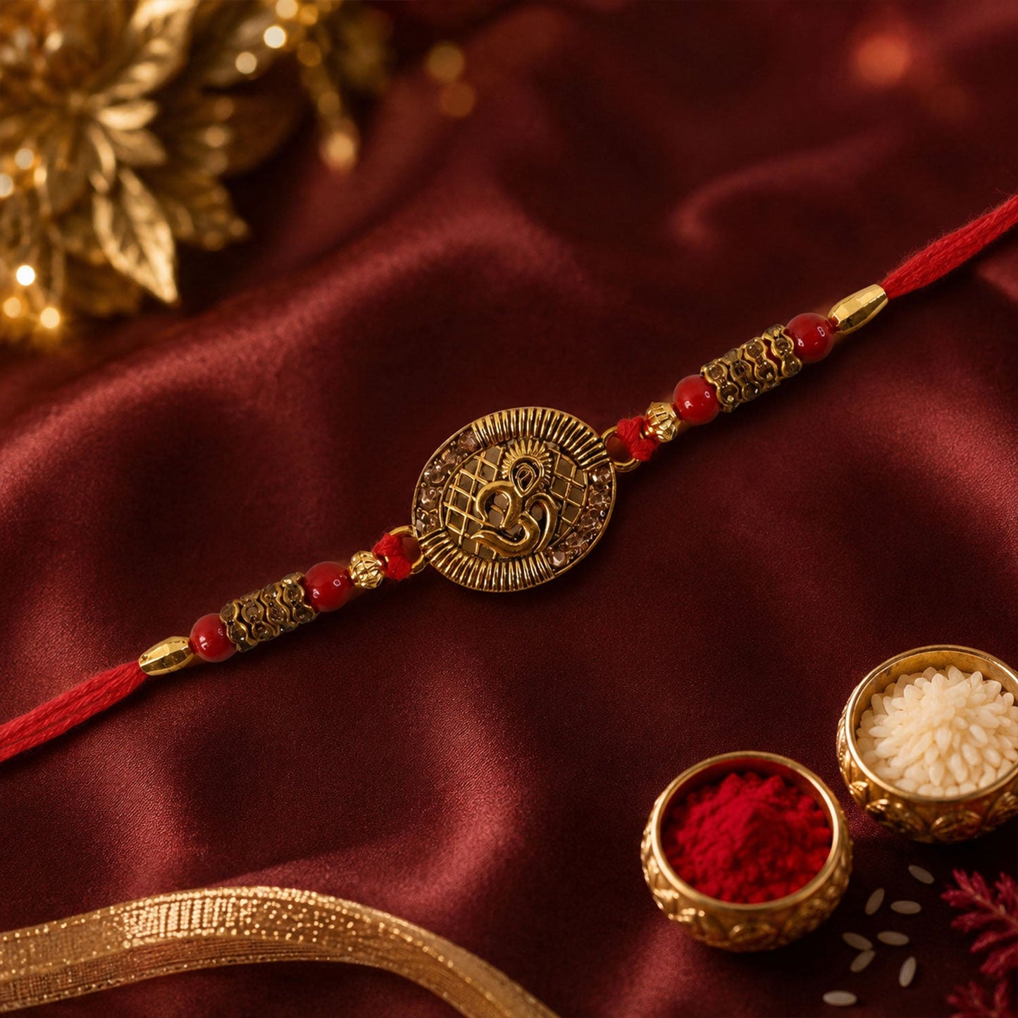 Side view of Om Coin Rakhi with decorative beads and thread